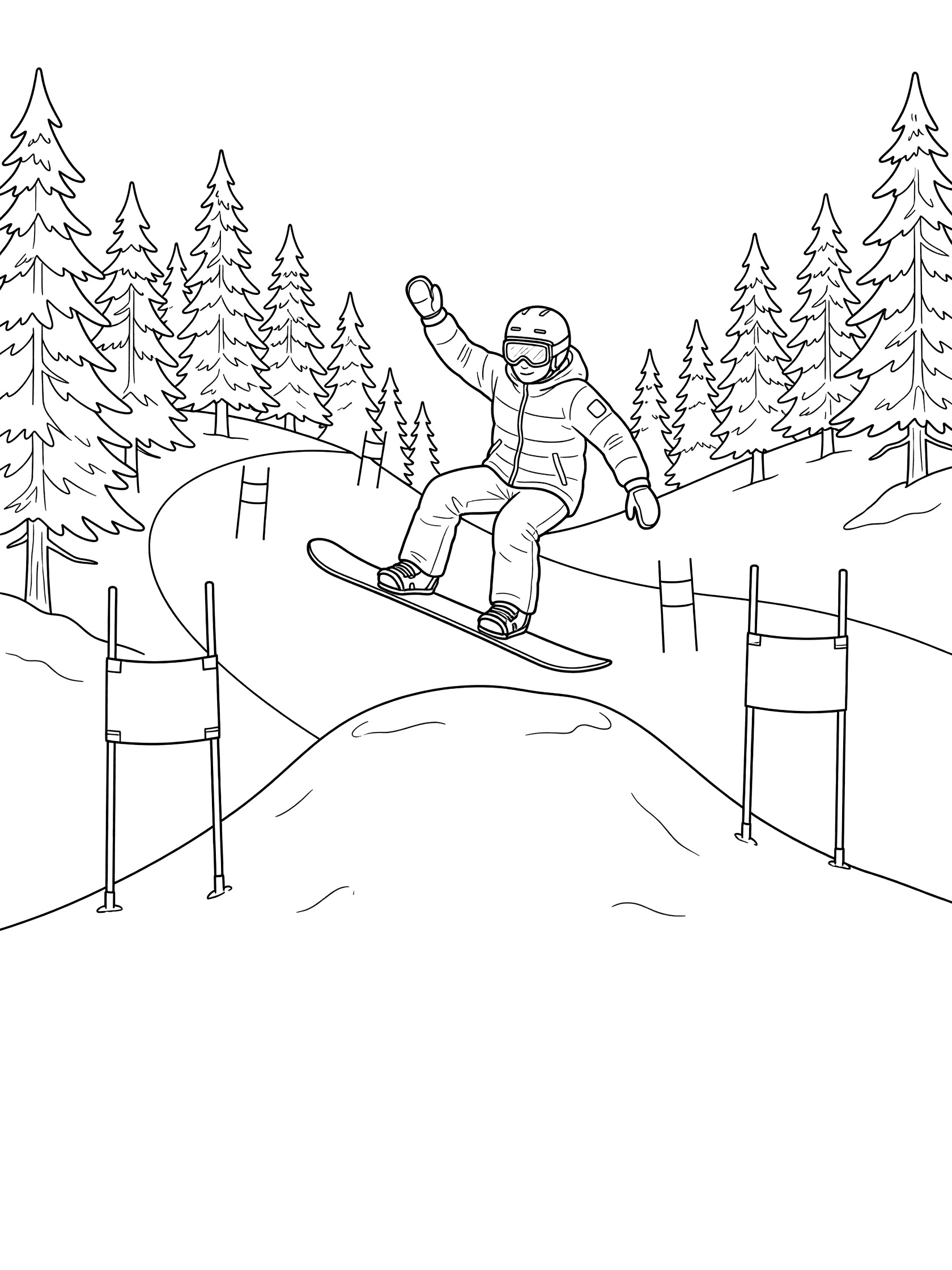 Black-and-white coloring page of a snowboarder in slalom action, soaring mid-air over a knoll with gates and pine trees on a snowy slope.