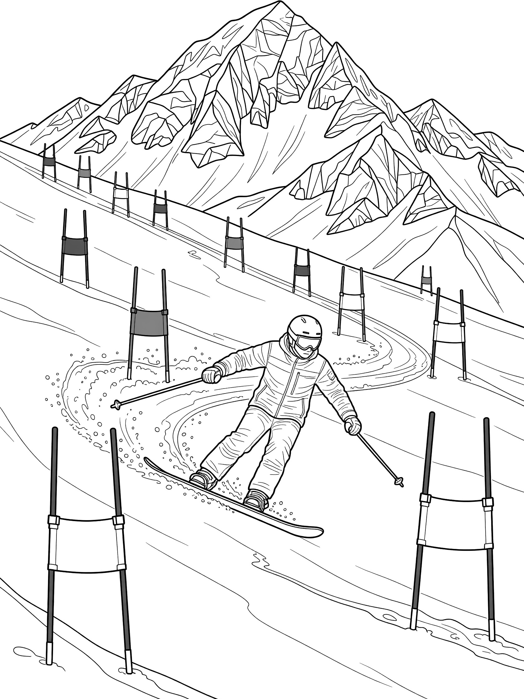 Black-and-white coloring page of a snowboarder in slalom action, leaning into a steep descent between red and blue gates on a snowy mountain slope.