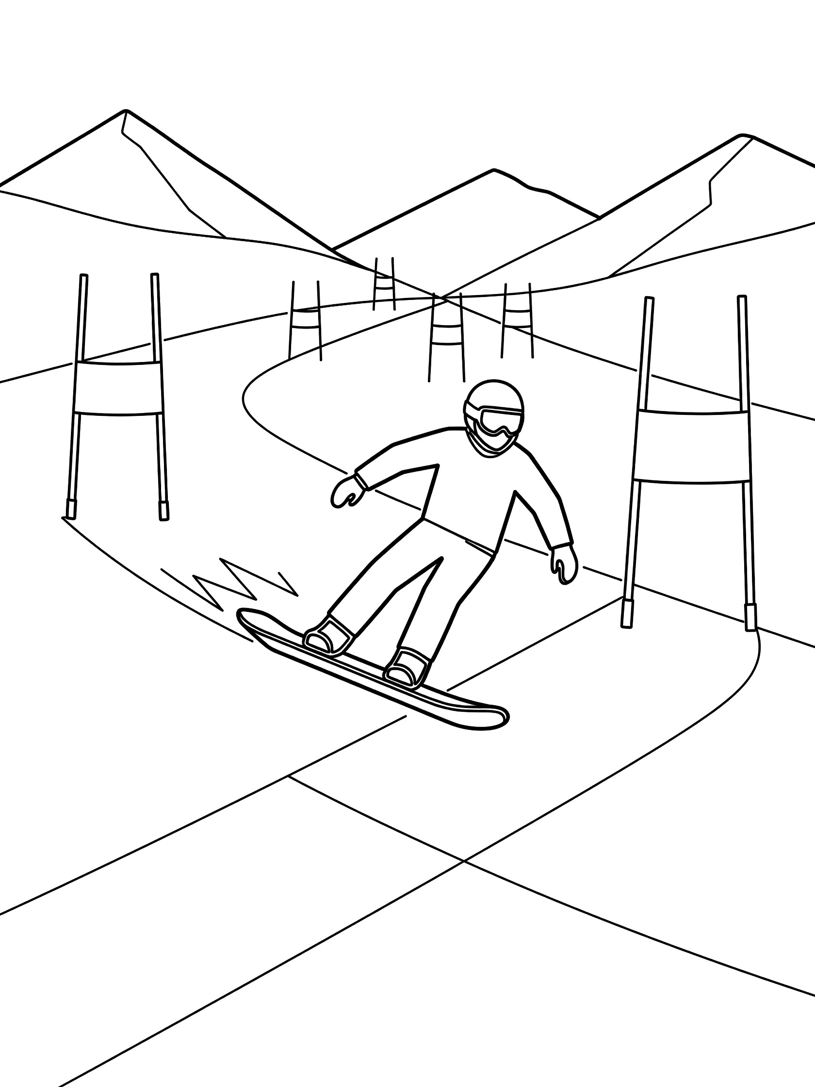 Black-and-white coloring page of a snowboarder leaning through slalom gates on a snowy alpine hill with mountains in the background.