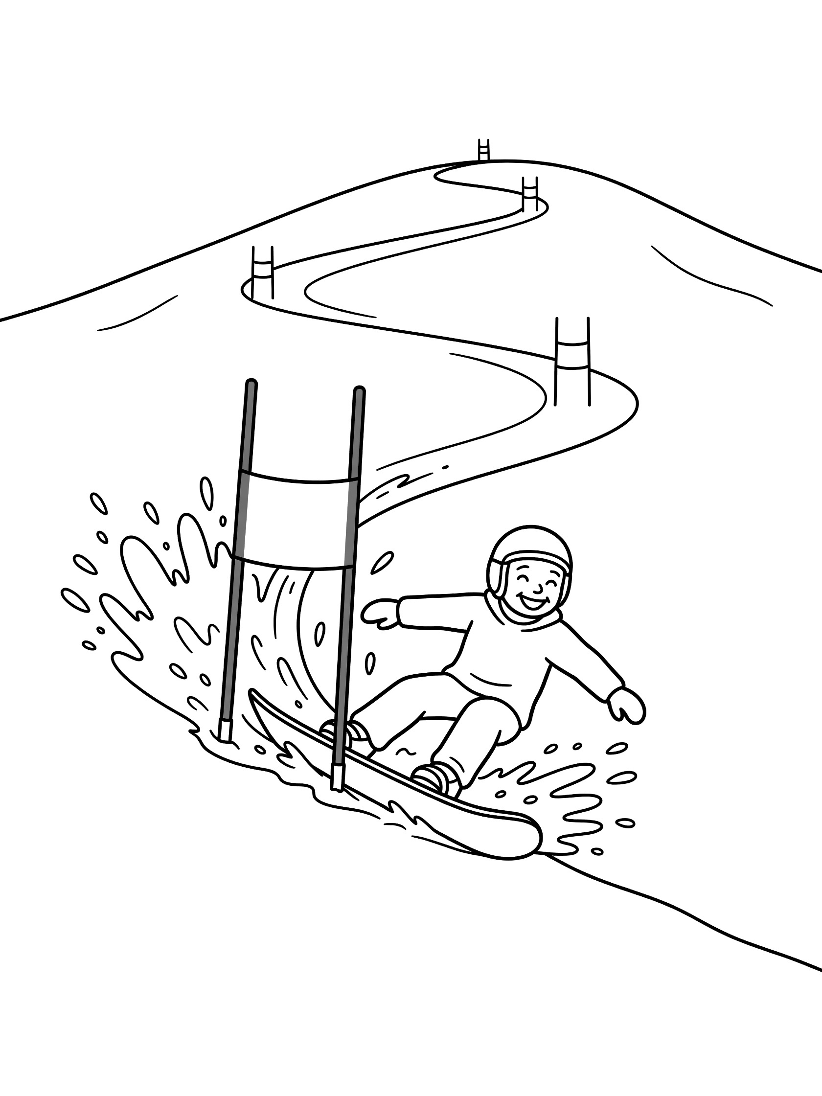 Black-and-white coloring page of a snowboarder in slalom race spraying snow around a gate on a hill with snowy path and distant gates.