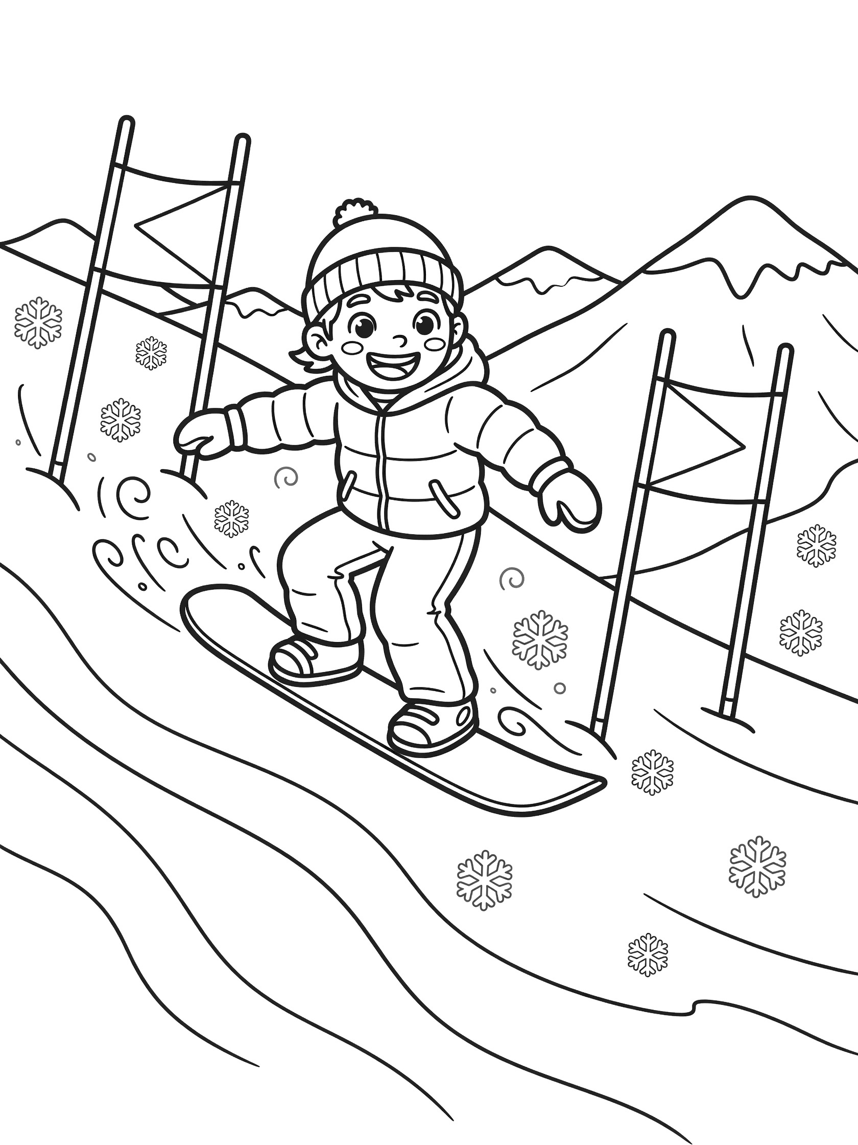 Cute cartoon slalom snowboarder leaning into a turn around the first gates on a snowy mountain, with snowflakes and bold line art.