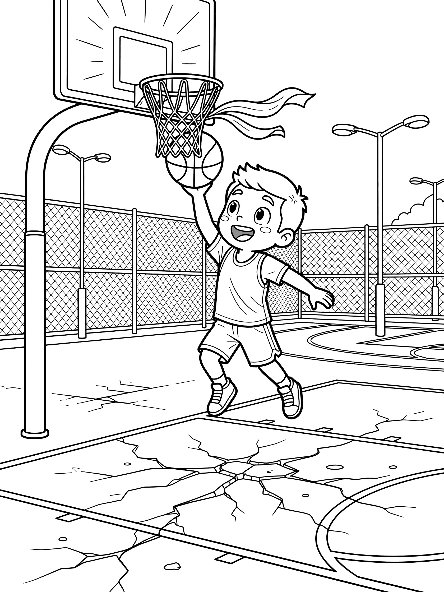 Black and white coloring page of a happy boy player slamming the basketball through the hoop during an exciting alley-oop on an outdoor streetball court with lights and fence.