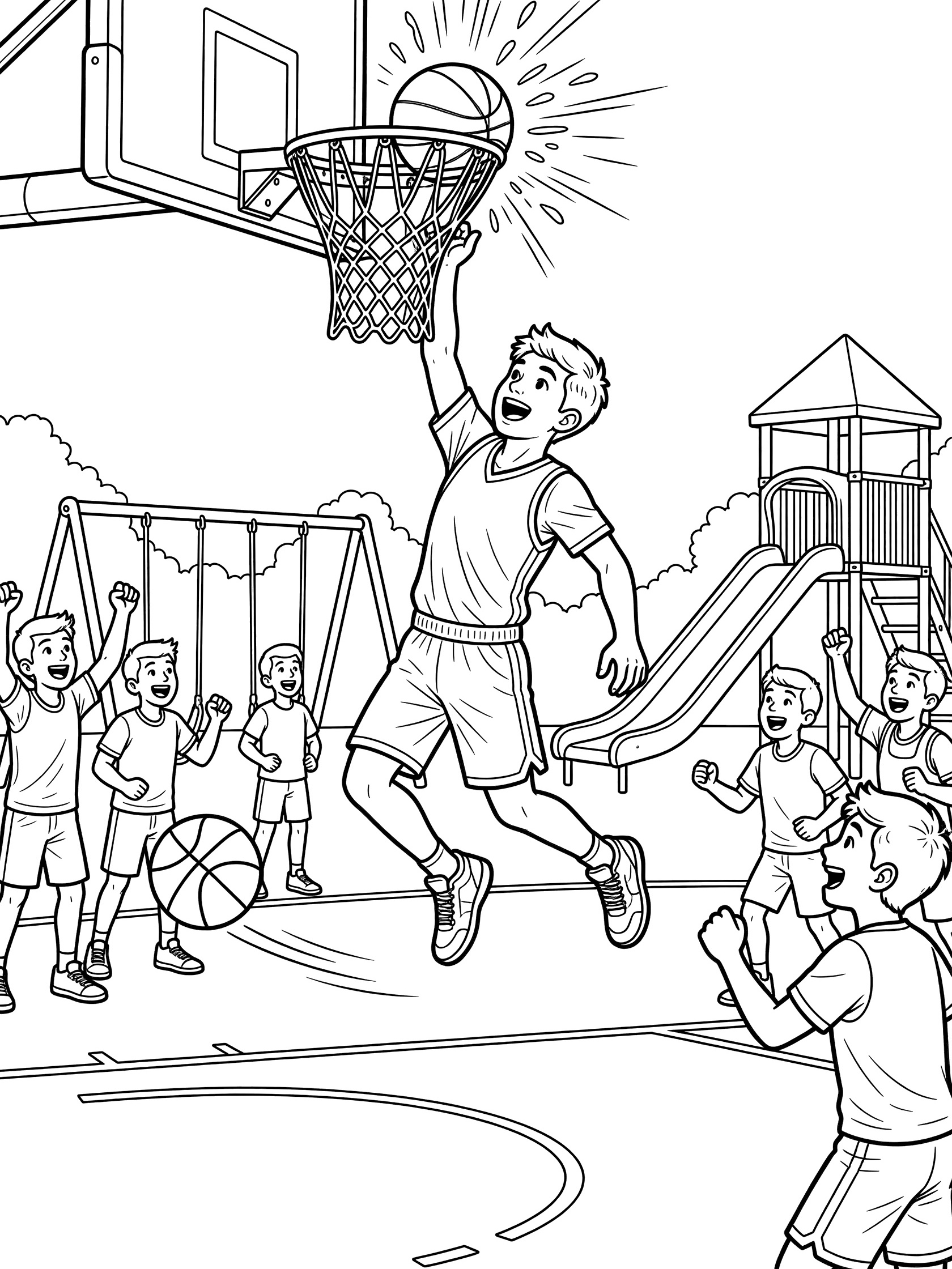 Black-and-white coloring page of a boy doing a dynamic slam dunk over the basketball hoop on a playground with cheering kids, swings, slide, and backboard details.