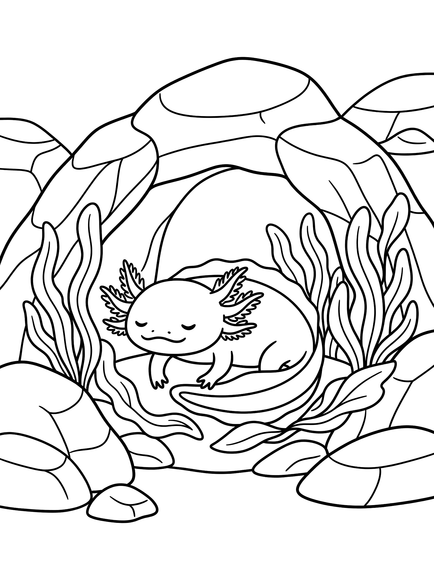 Black and white coloring page of a sleeping axolotl curled up inside a rocky cave surrounded by seaweed