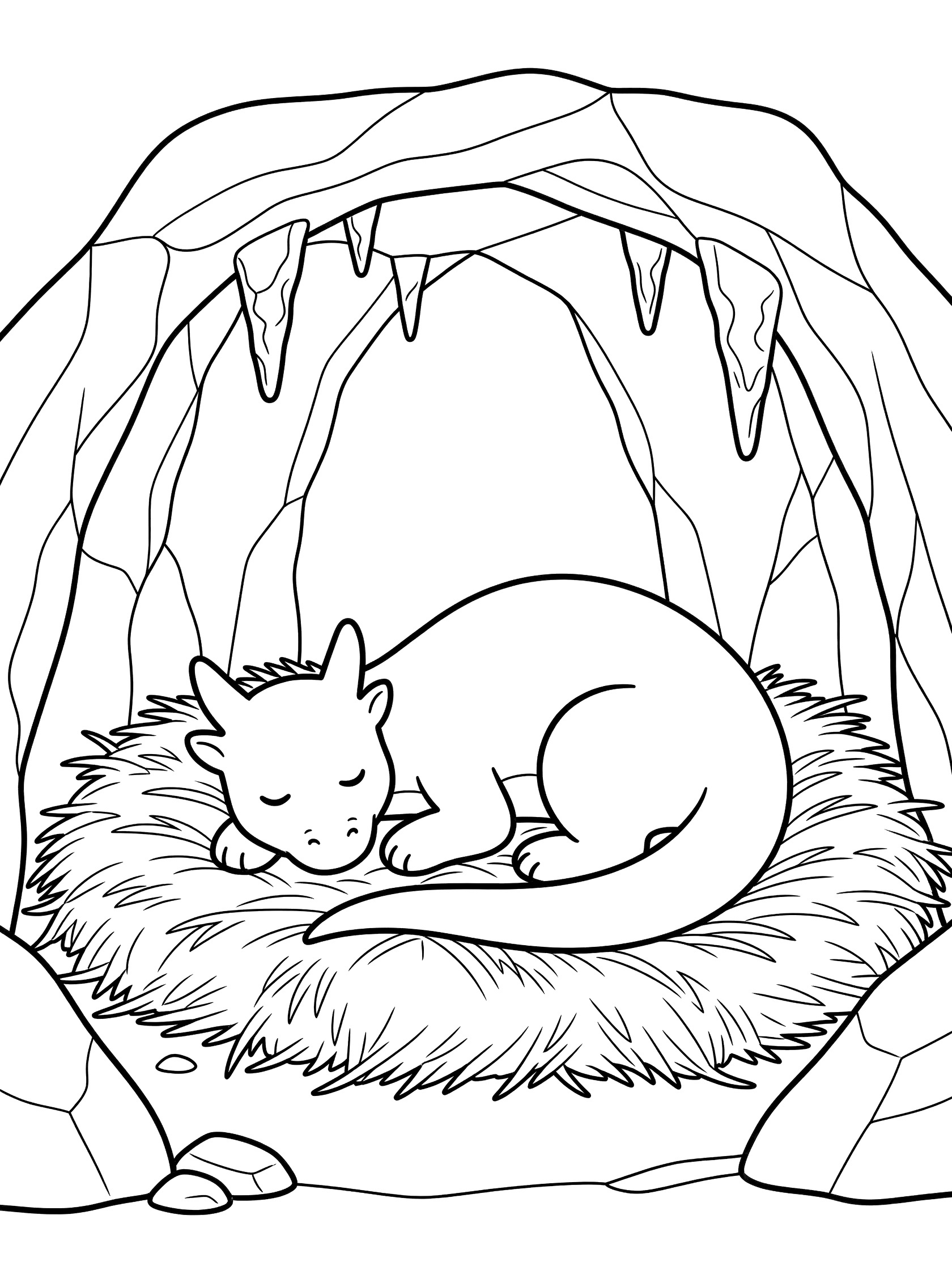 Black and white coloring page of a baby dragon sleeping in a straw nest in a cave with stalactites and rocks. Dragon Cave themed black and white printable line art