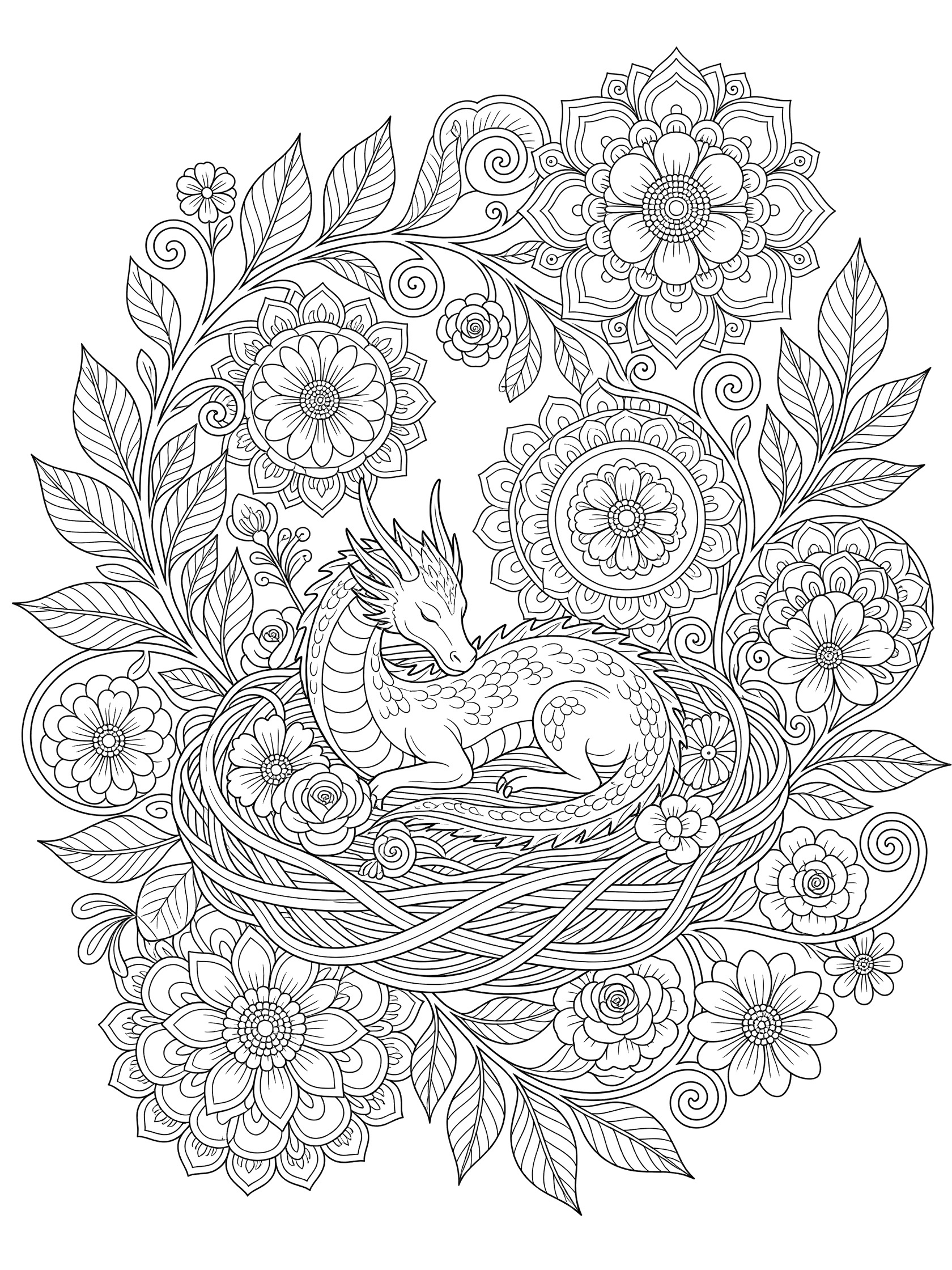Black and white line art of a baby dragon sleeping in a nest surrounded by detailed flowers, vines, and mandala patterns. Dragon Nest themed black and white printable line art