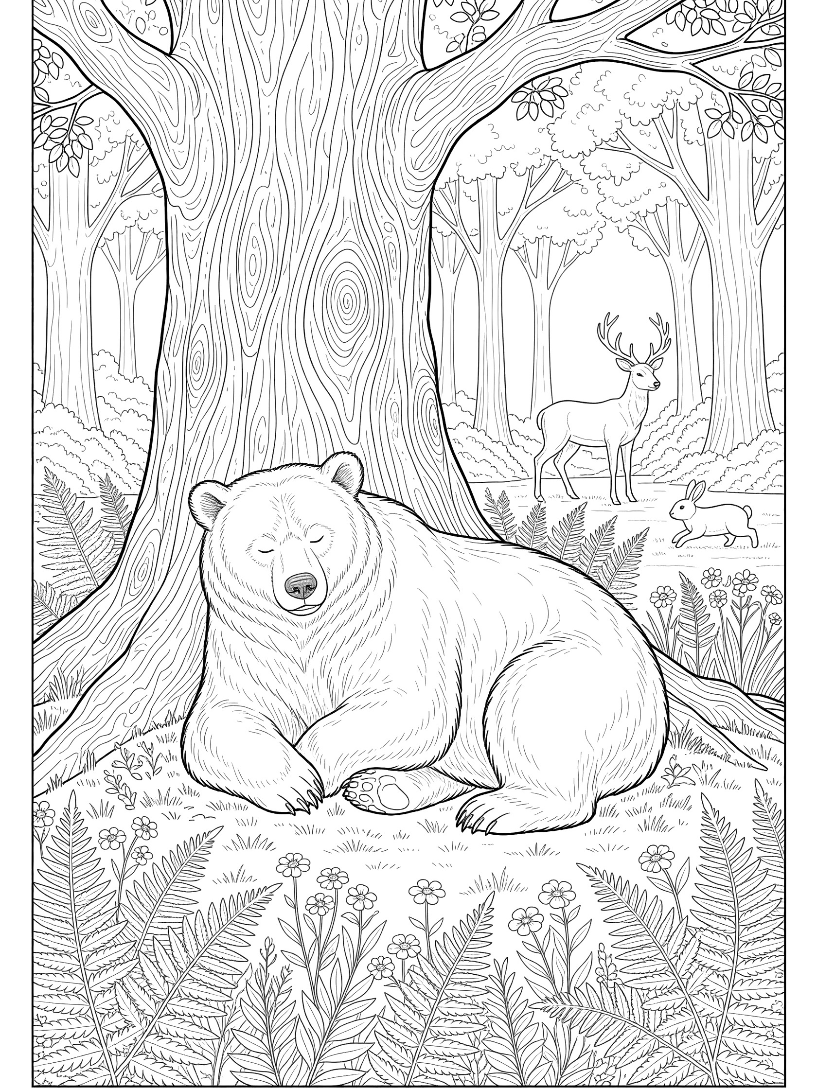 Black and white line art coloring page of a bear napping under a large tree with ferns, flowers, deer, and rabbit in a forest scene.