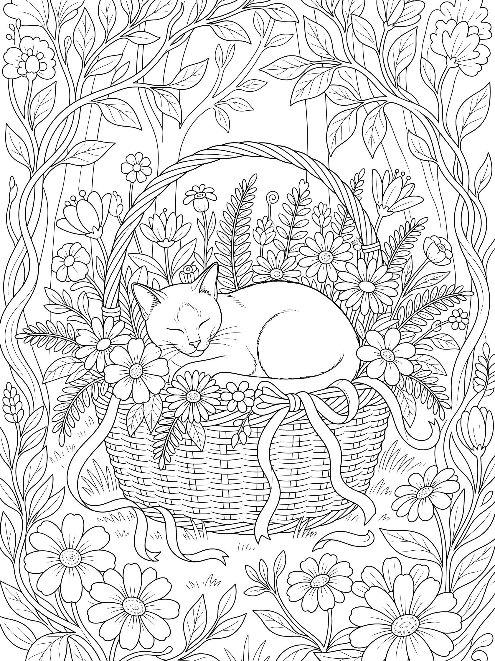 Black and white line art of a sleeping cat curled up inside a flower-filled woven basket with vines and leaves around it, coloring book style. Siamese Cats themed black and white printable line art