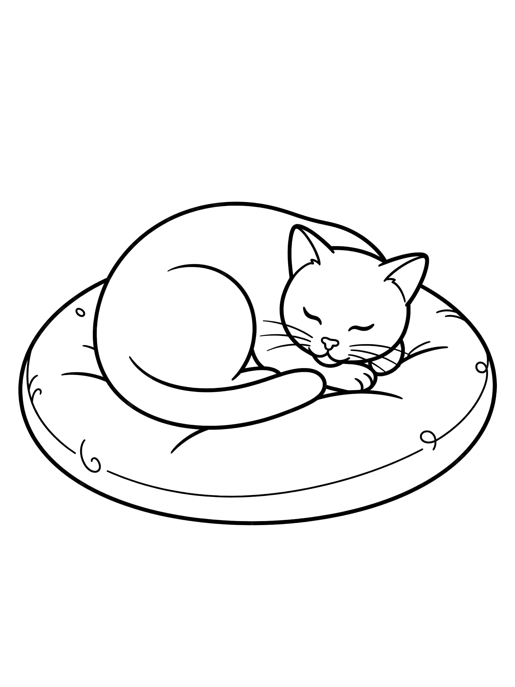 Black and white line art coloring page of a domestic cat sleeping curled up in a soft round cushion bed with peaceful face and closed eyes.