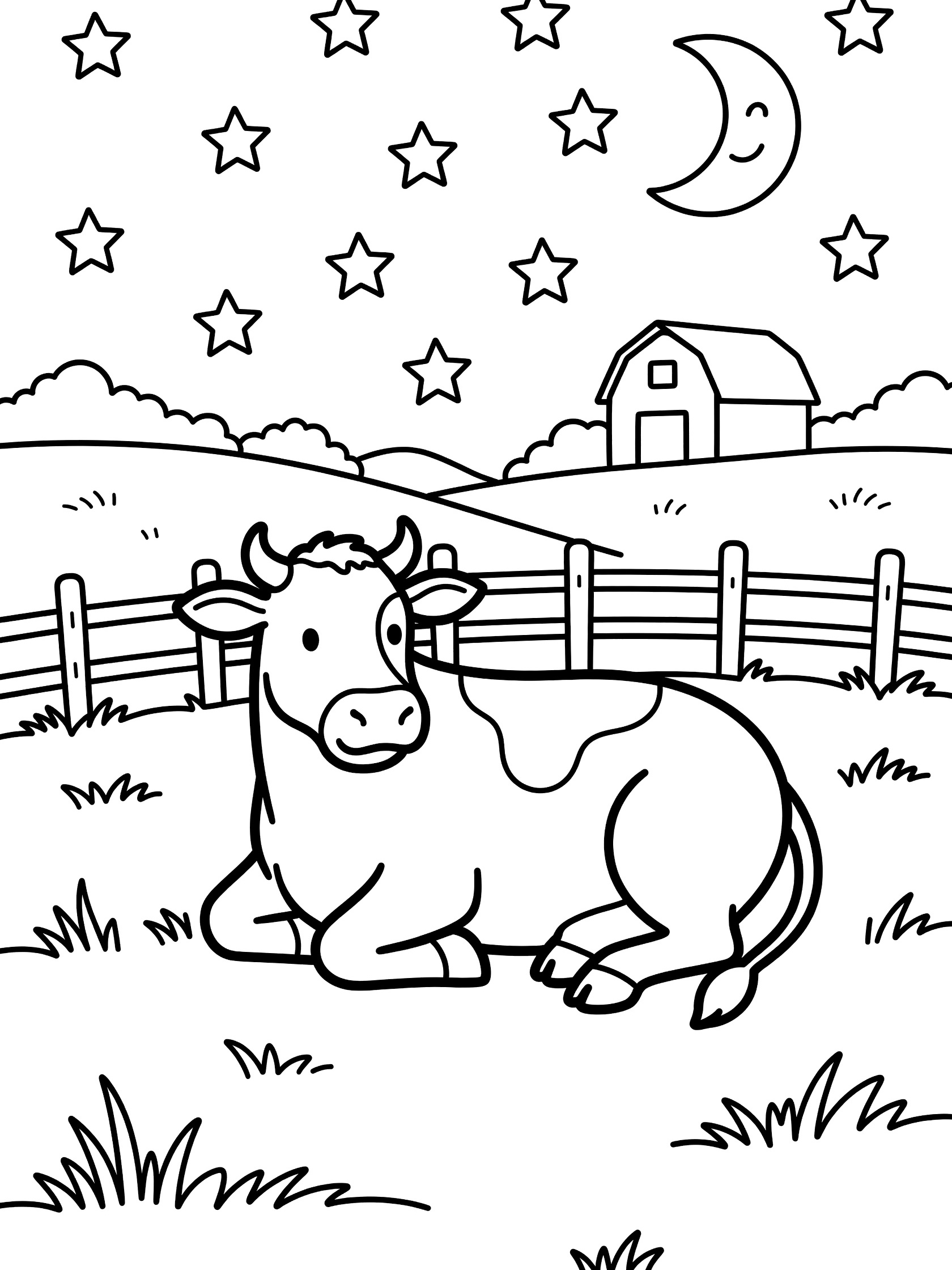 Black and white coloring page showing a cow sleeping in a field with stars, moon, barn, and fence in a simple storybook style.