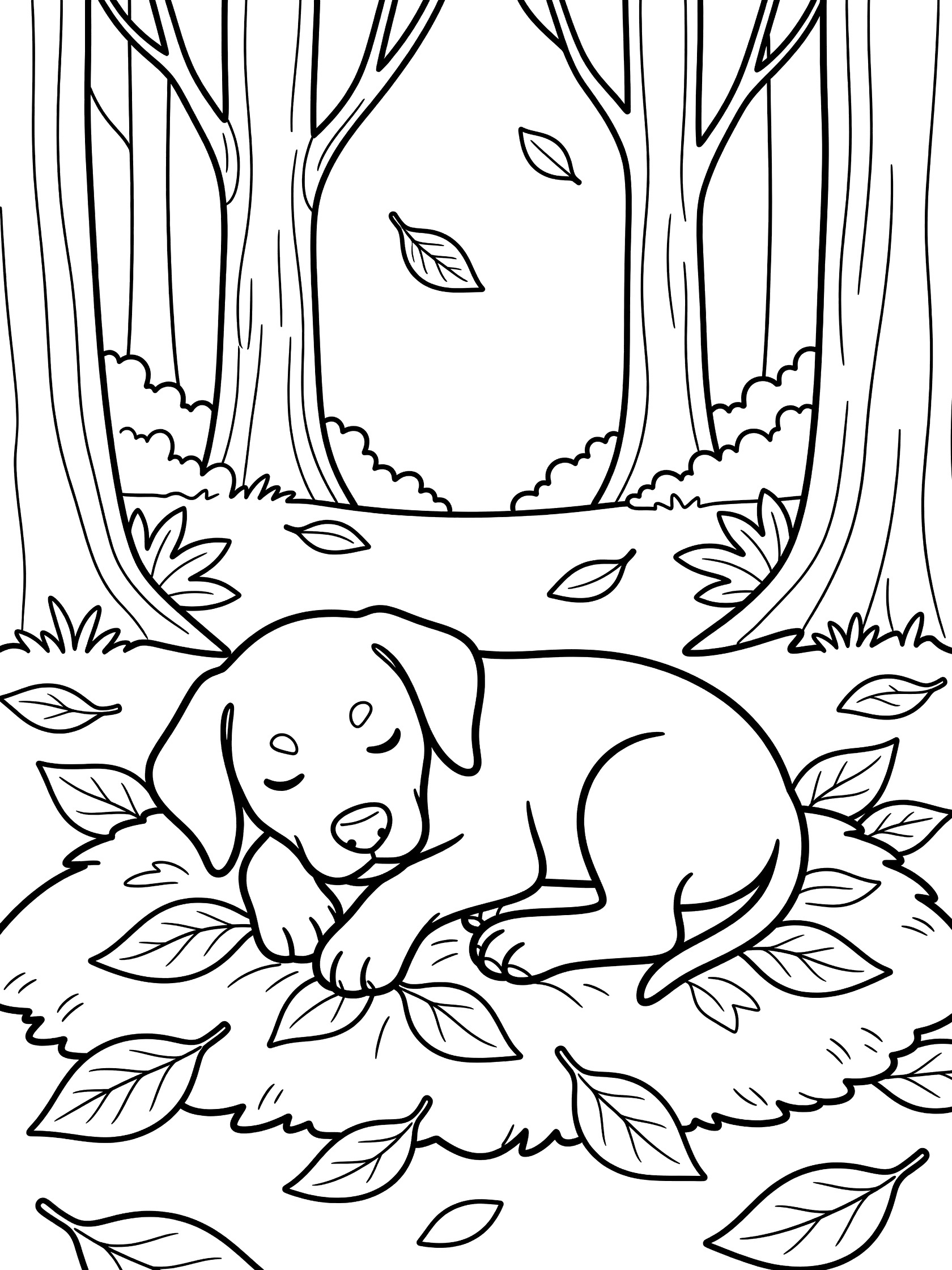 Black and white coloring page of a Doberman Pinscher puppy sleeping peacefully on autumn leaves with forest trees in the background.