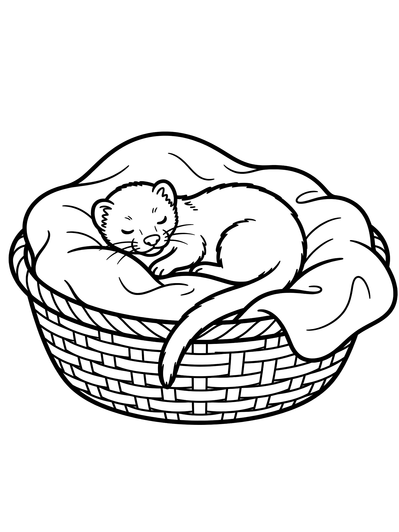 Black and white coloring page of a ferret napping inside a basket with blankets and tail draped over the edge