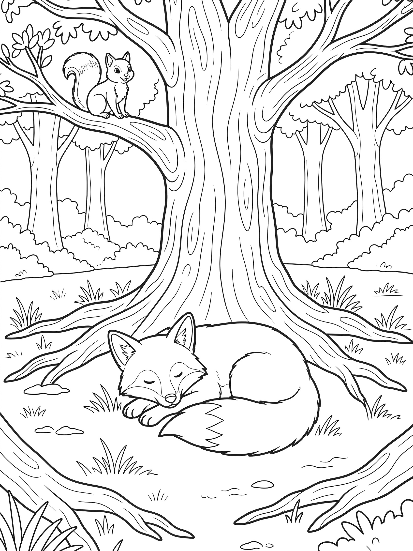 Black and white coloring page of a fox sleeping on grass under a big tree with roots and a squirrel sitting on a tree branch nearby in a forest setting