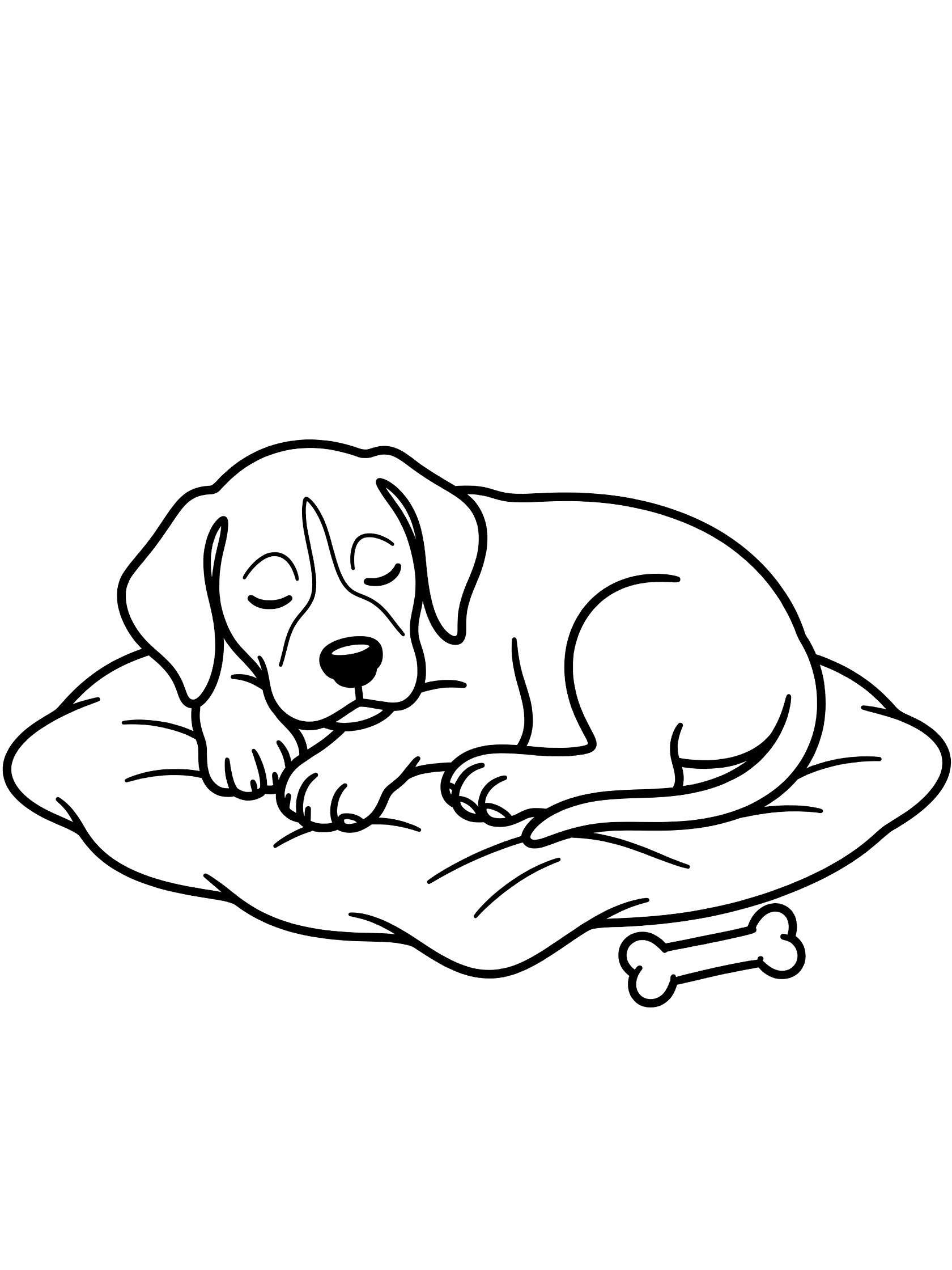 Black and white line art of a Great Dane puppy sleeping on a blanket with a small bone toy beside it, coloring book style.