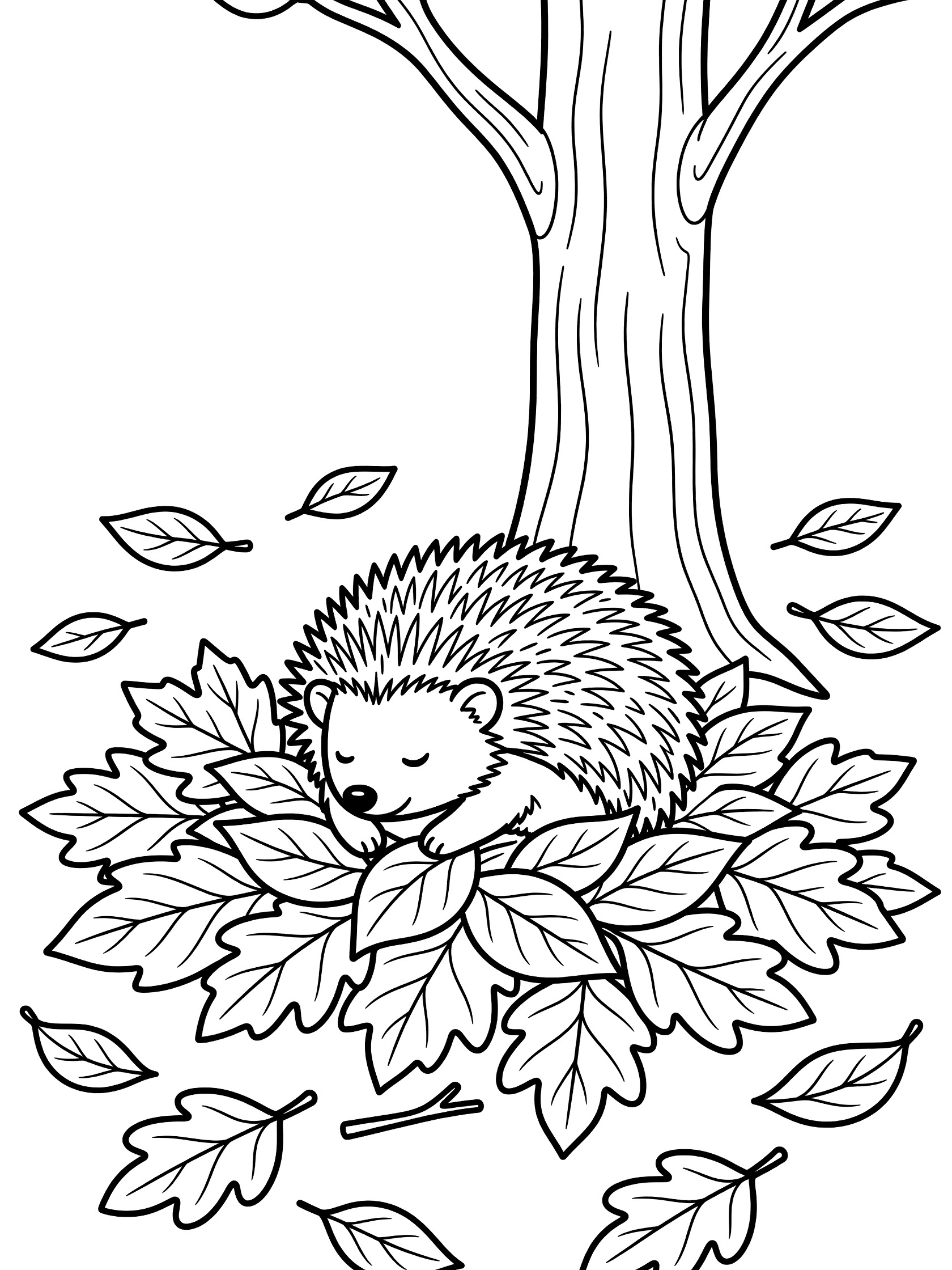 Black and white coloring page of a curled hedgehog asleep in a bed of fall leaves under a tree with scattered leaves and a twig