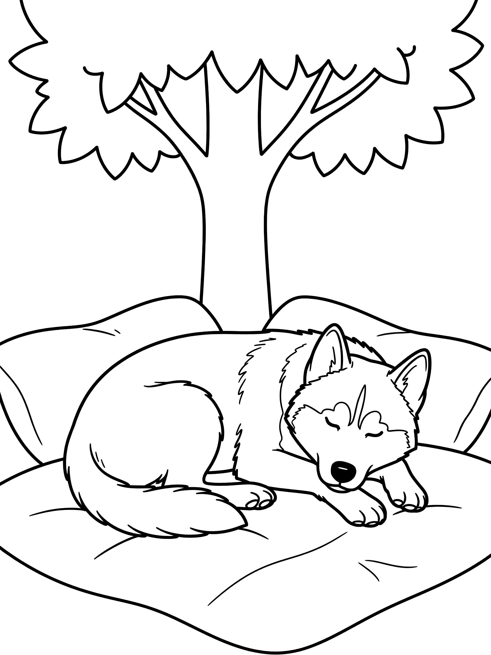 Black and white coloring page of a husky puppy sleeping curled up on a blanket under a tree with fluffy fur details and simple outlines