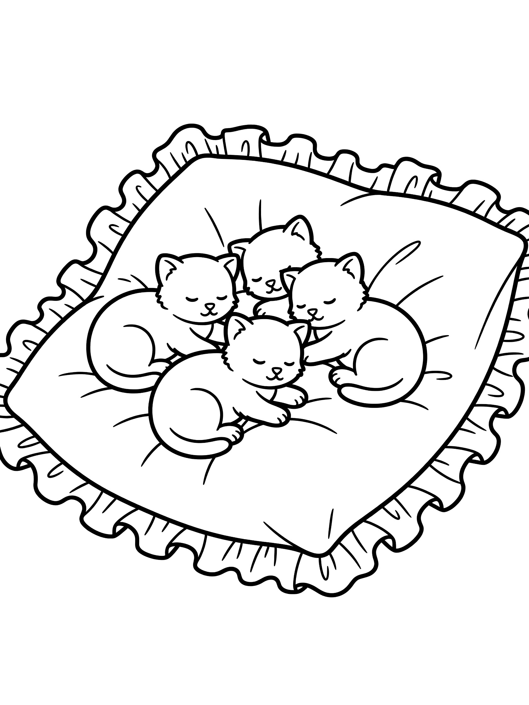 Black and white line art coloring page showing four small kittens curled up sleeping together on a large blanket with ruffled edges