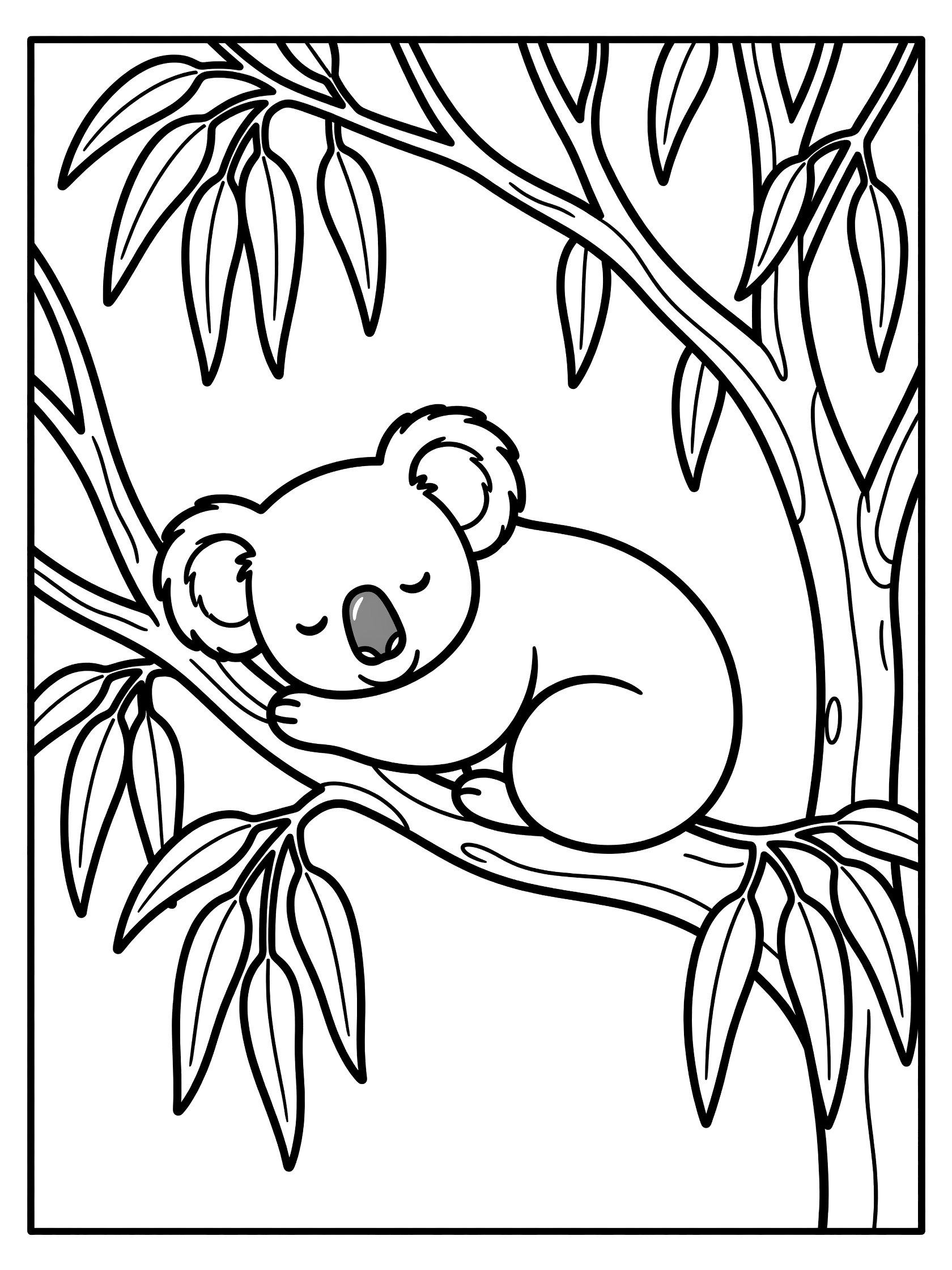 Black and white line art coloring page showing a koala asleep on a curved tree branch surrounded by dangling leaves.