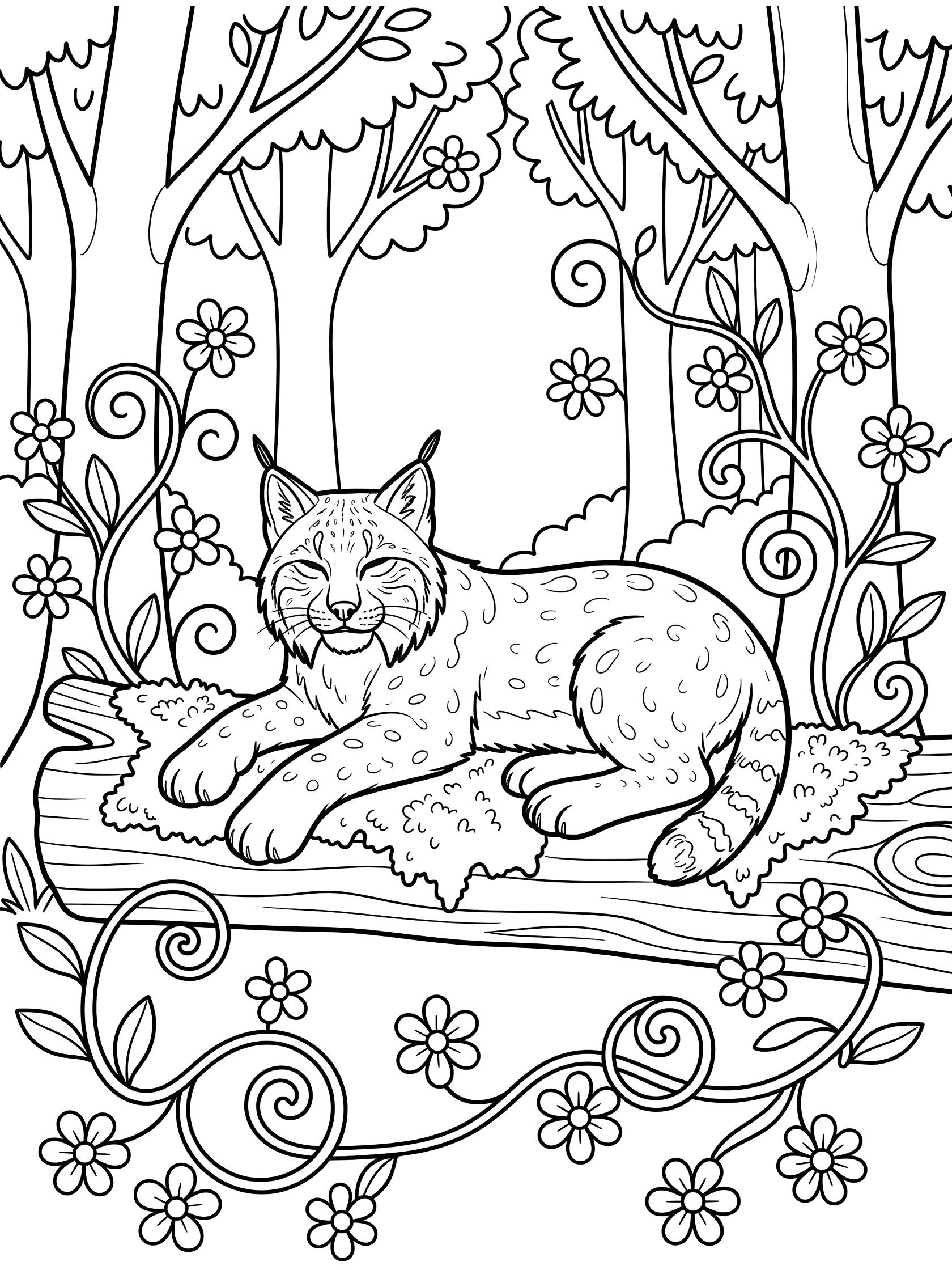 Black and white line art of a lynx cat sleeping stretched out on a log surrounded by trees, swirly vines and flowers in a forest scene.