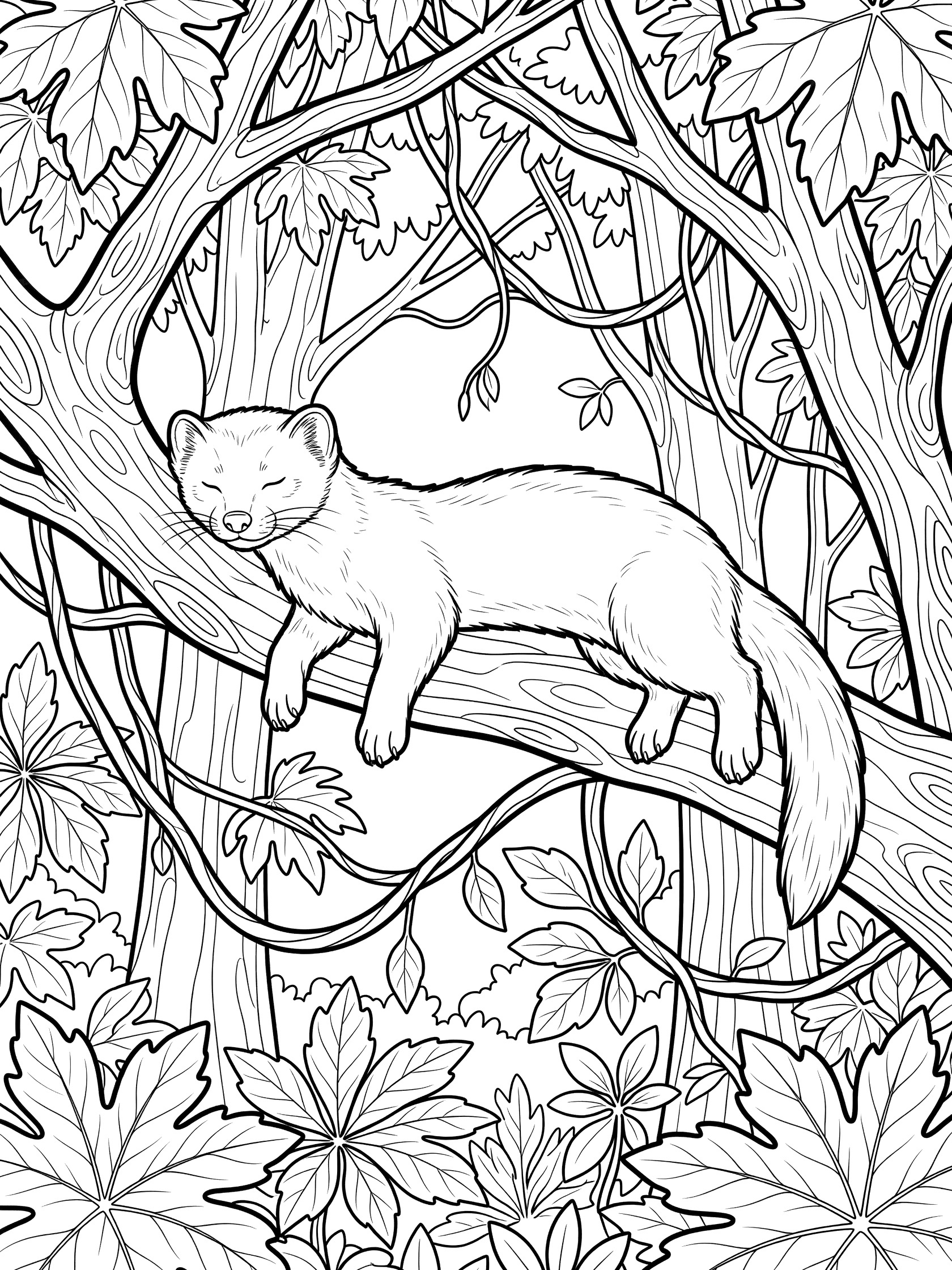 Black and white line art of a marten sleeping stretched out on a tree branch surrounded by large leaves, vines, and forest branches.