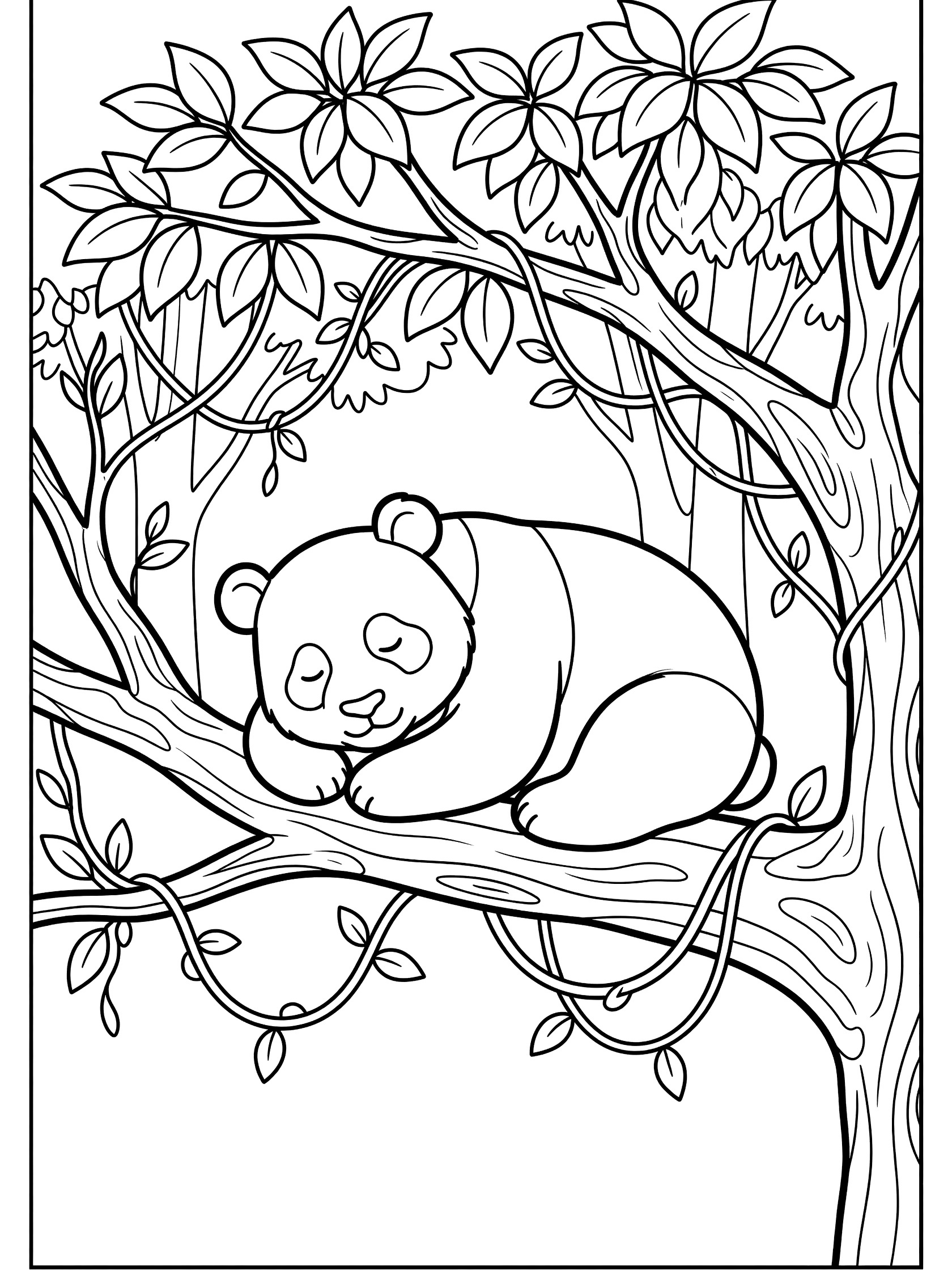 Black and white line art of a panda sleeping on a tree branch surrounded by leaves and vines, printable coloring page.