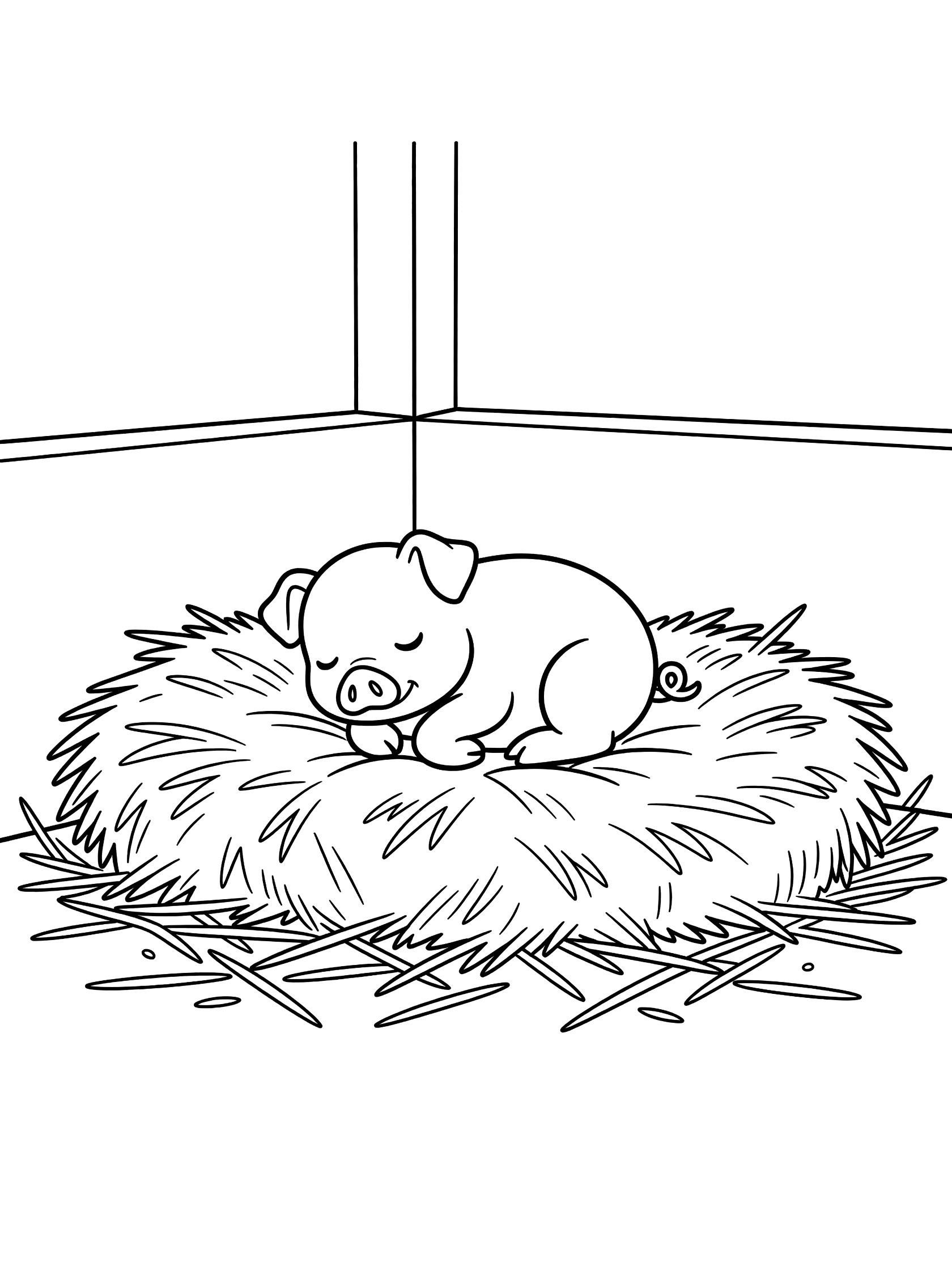 Black and white line art coloring page showing a piglet curled up asleep on a pile of straw in a barn stall with scattered straw around. Pigs themed black and white printable line art