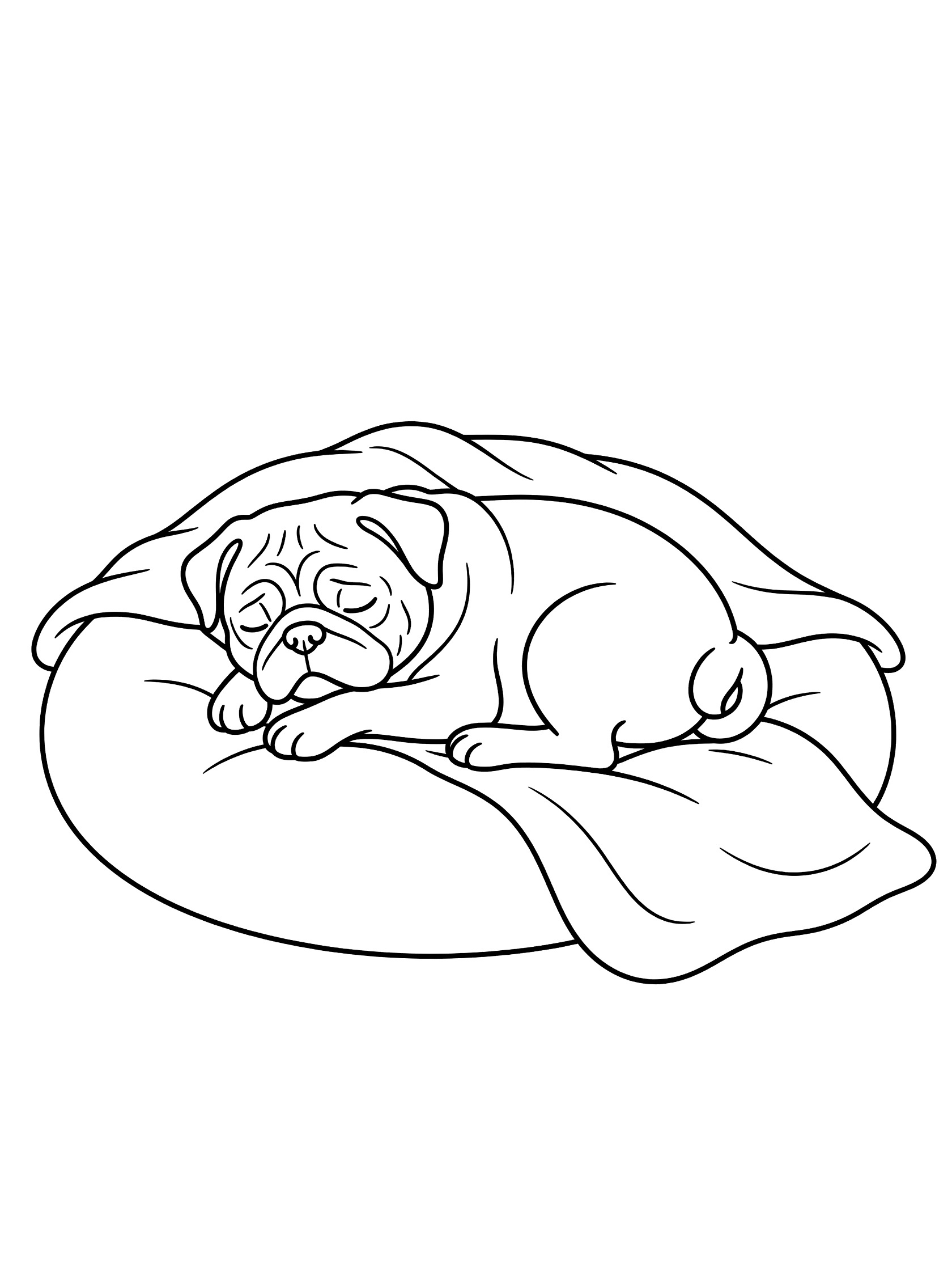 Black and white line drawing of a pug dog sleeping curled up on a round cushion bed with a blanket draped over it.