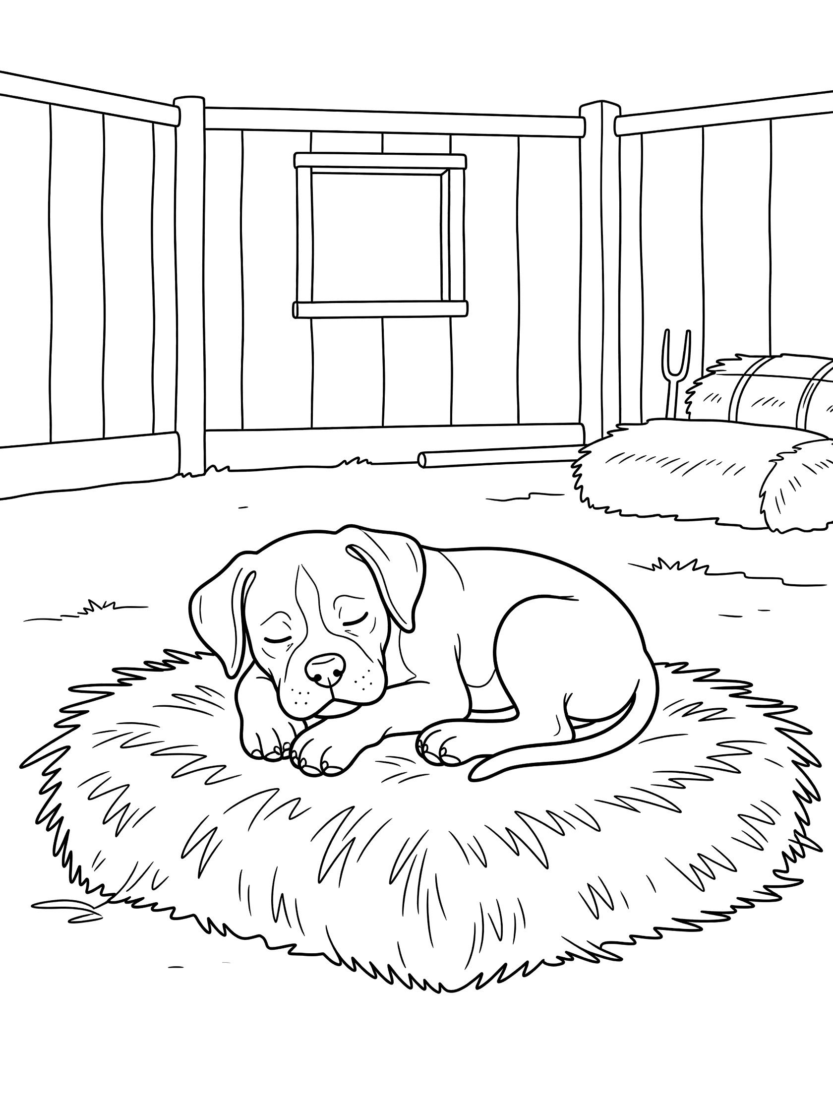 Black and white line art coloring page showing a puppy sleeping in a round hay nest on the ground, with farm pen fence, window, hay bales, and pitchfork in the background. Boxer themed black and white printable line art