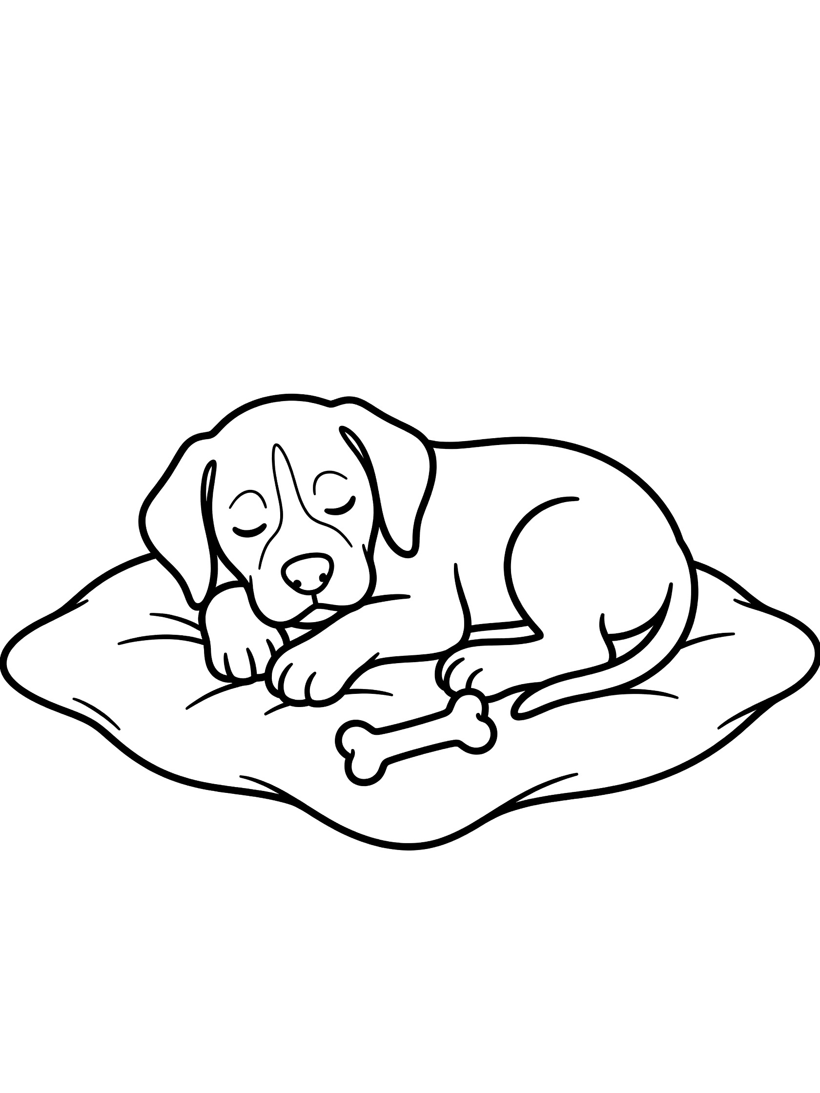 Black and white coloring page of a cute puppy sleeping on a blanket with paws tucked in and a small bone toy beside it. Great Dane themed black and white printable line art