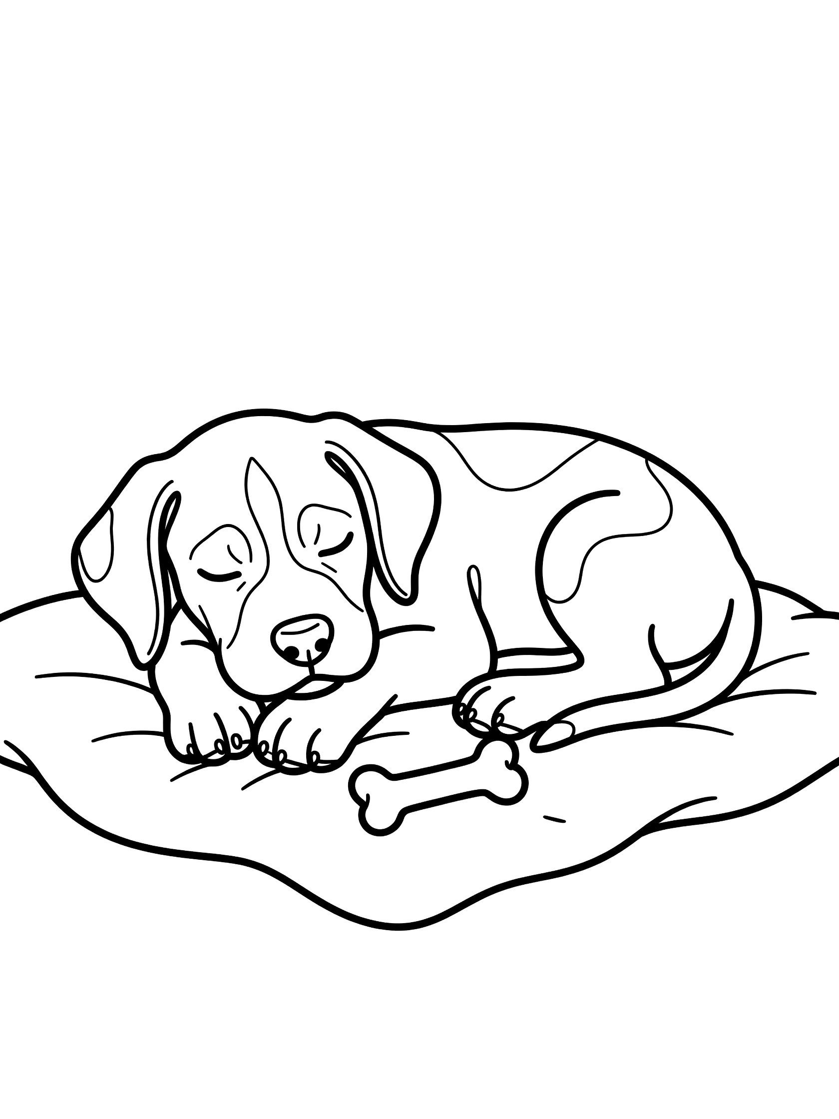 Black and white coloring page of a puppy sleeping on a blanket with paws tucked in and a small bone toy beside it. Great Dane themed black and white printable line art