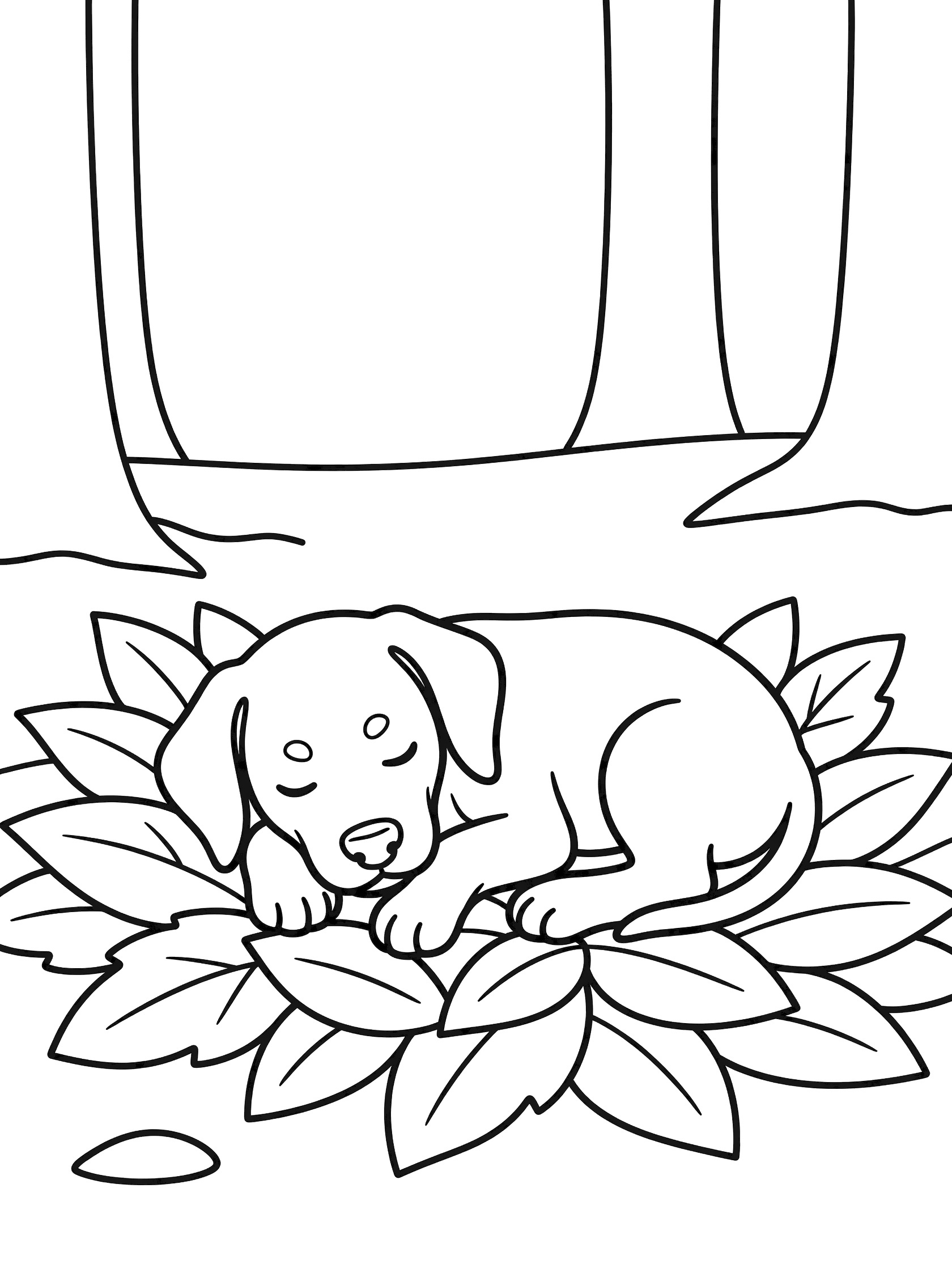 Black and white coloring page of a puppy curled up asleep on leaves with paws tucked in and floppy ears. Doberman Pinscher themed black and white printable line art