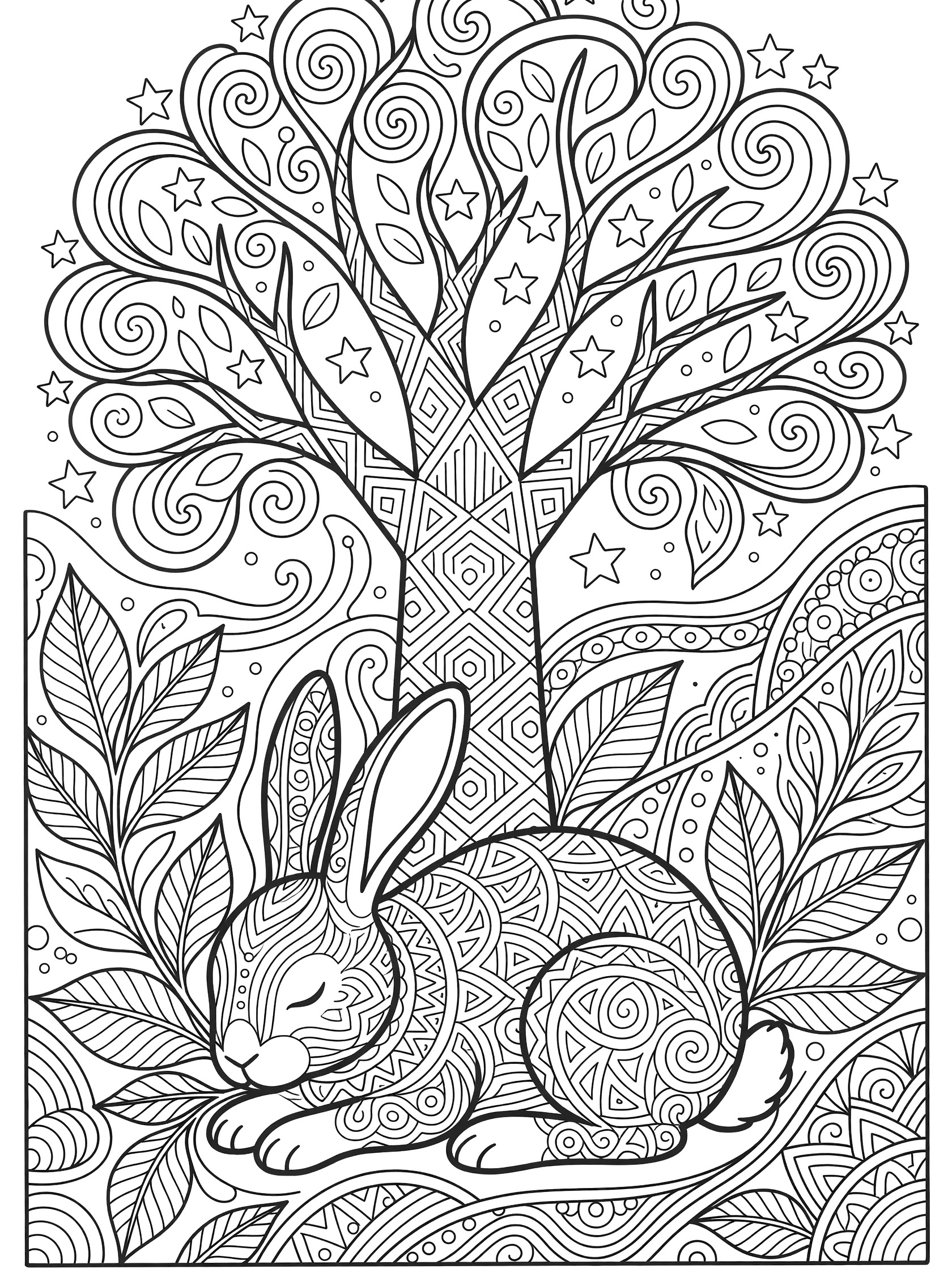 Black and white line art coloring page of a sleeping rabbit curled up under a tall swirly tree with starry swirls, patterned leaves, and vines.