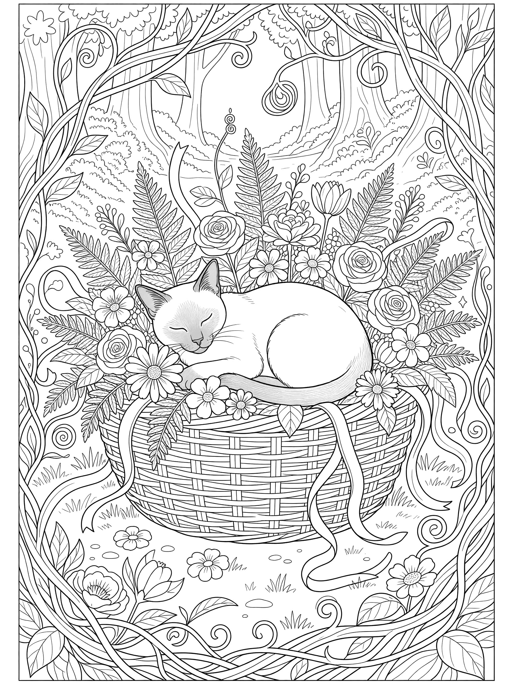 Black and white line art of a sleeping Siamese cat curled up in a large woven basket overflowing with roses, daisies, ferns, and flowers. Twisty vines, leaves, and forest elements frame the scene. Siamese Cats themed black and white printable line art