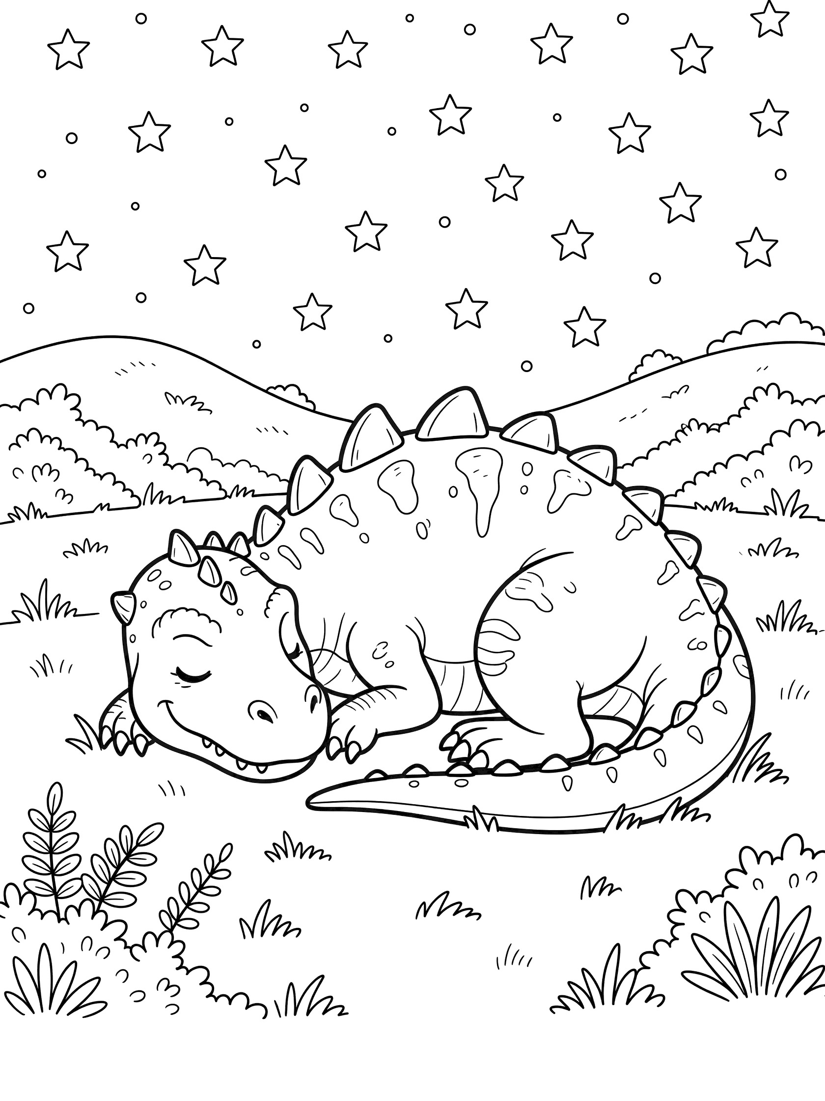 Black-and-white coloring page of a whimsical Ultimasaurus dinosaur sleeping on grass under twinkling stars, with rolling hills and foreground ferns.