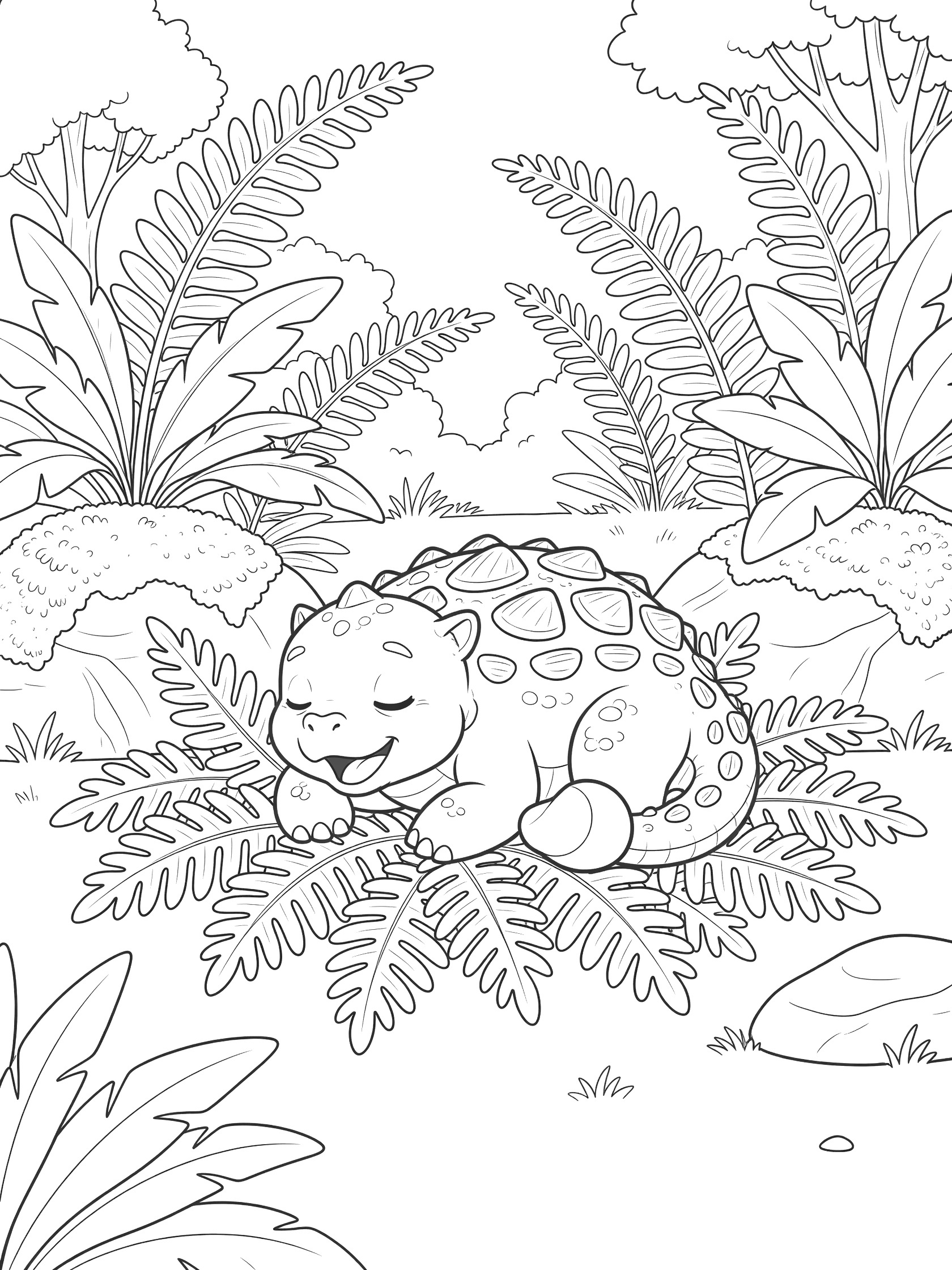 Black-and-white coloring page of a sleepy baby Ankylosaurus with small armored plates, knobby tail, half-closed eyes, and open yawn, resting on ferns amid rocks and trees.