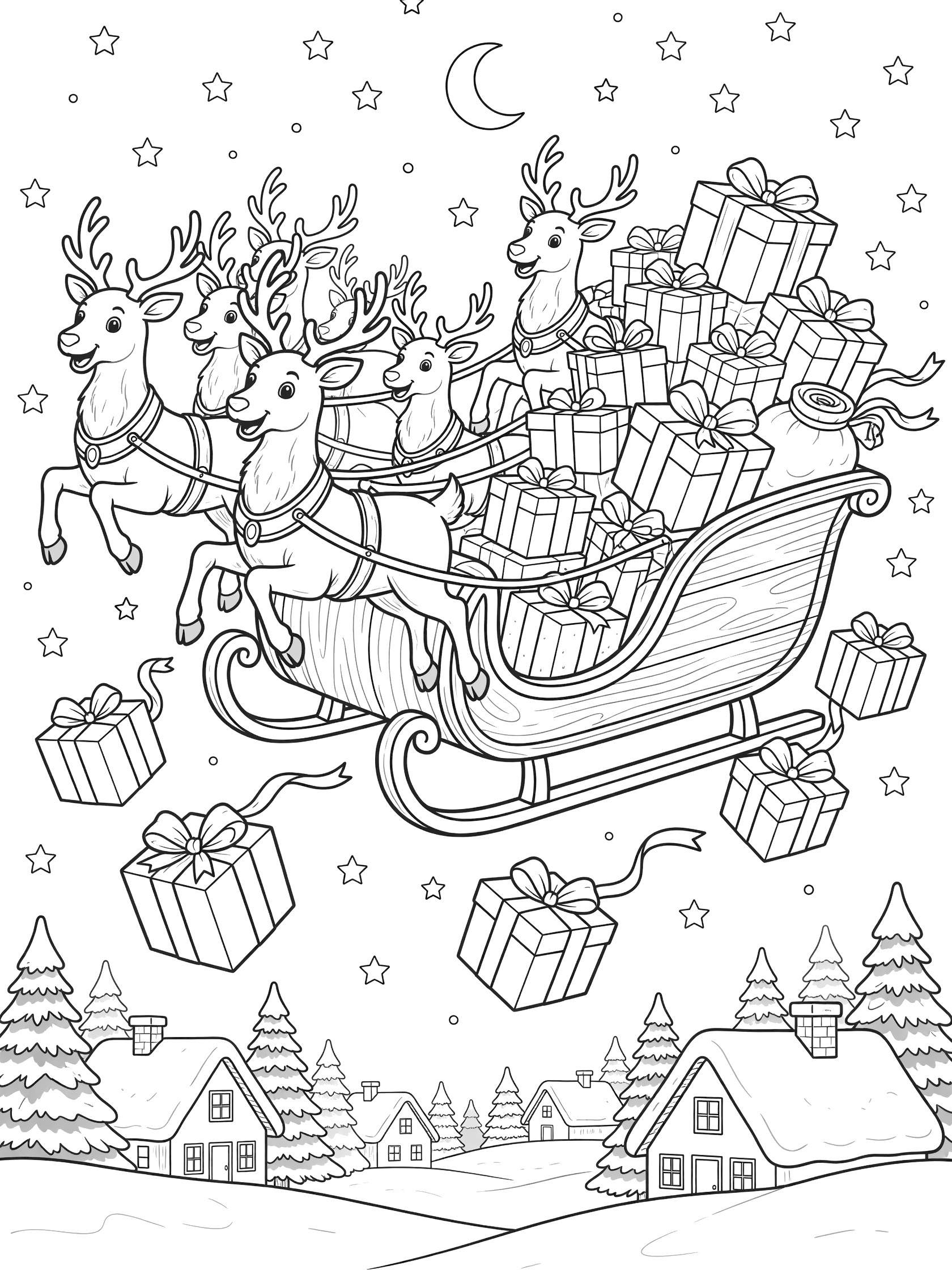Black and white line art coloring page of a wooden sleigh full of stacked presents pulled by leaping reindeer in a snowy night sky with stars, moon, rooftops, and pine trees.