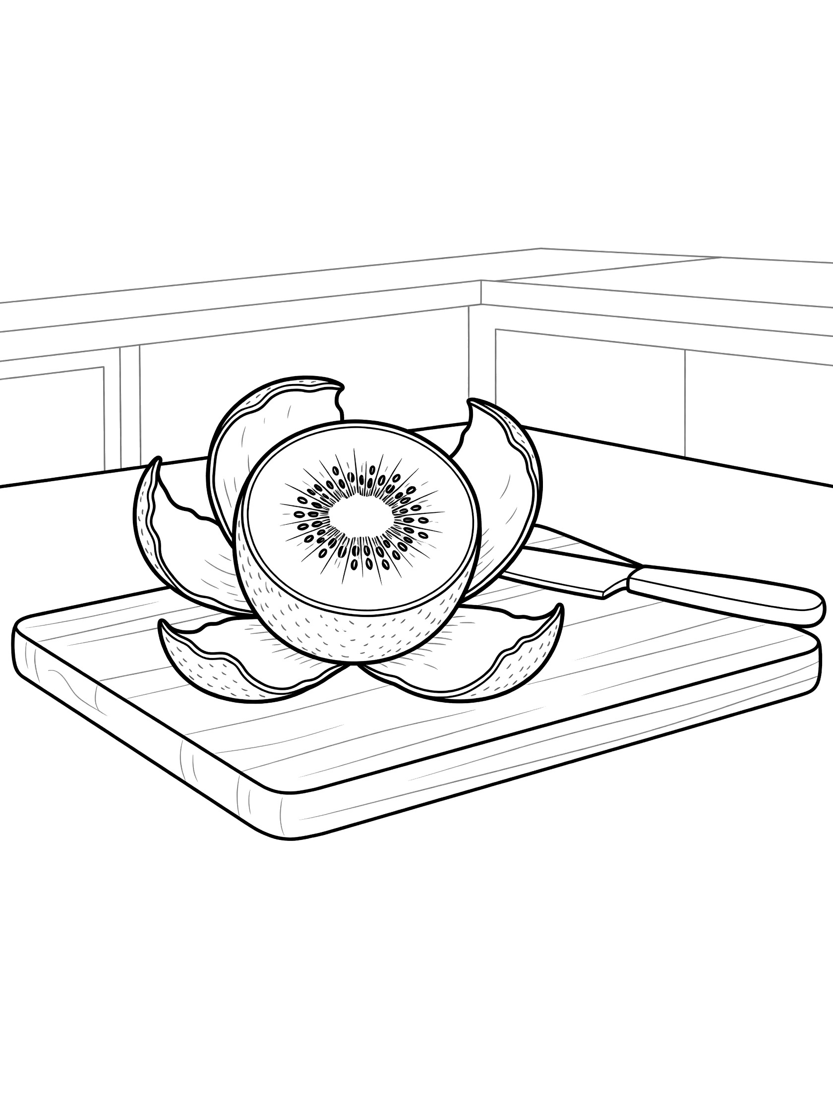 Black and white coloring page of a whole kiwi sliced open showing green center with black seeds, fuzzy peels, on a wooden cutting board next to a simple knife.