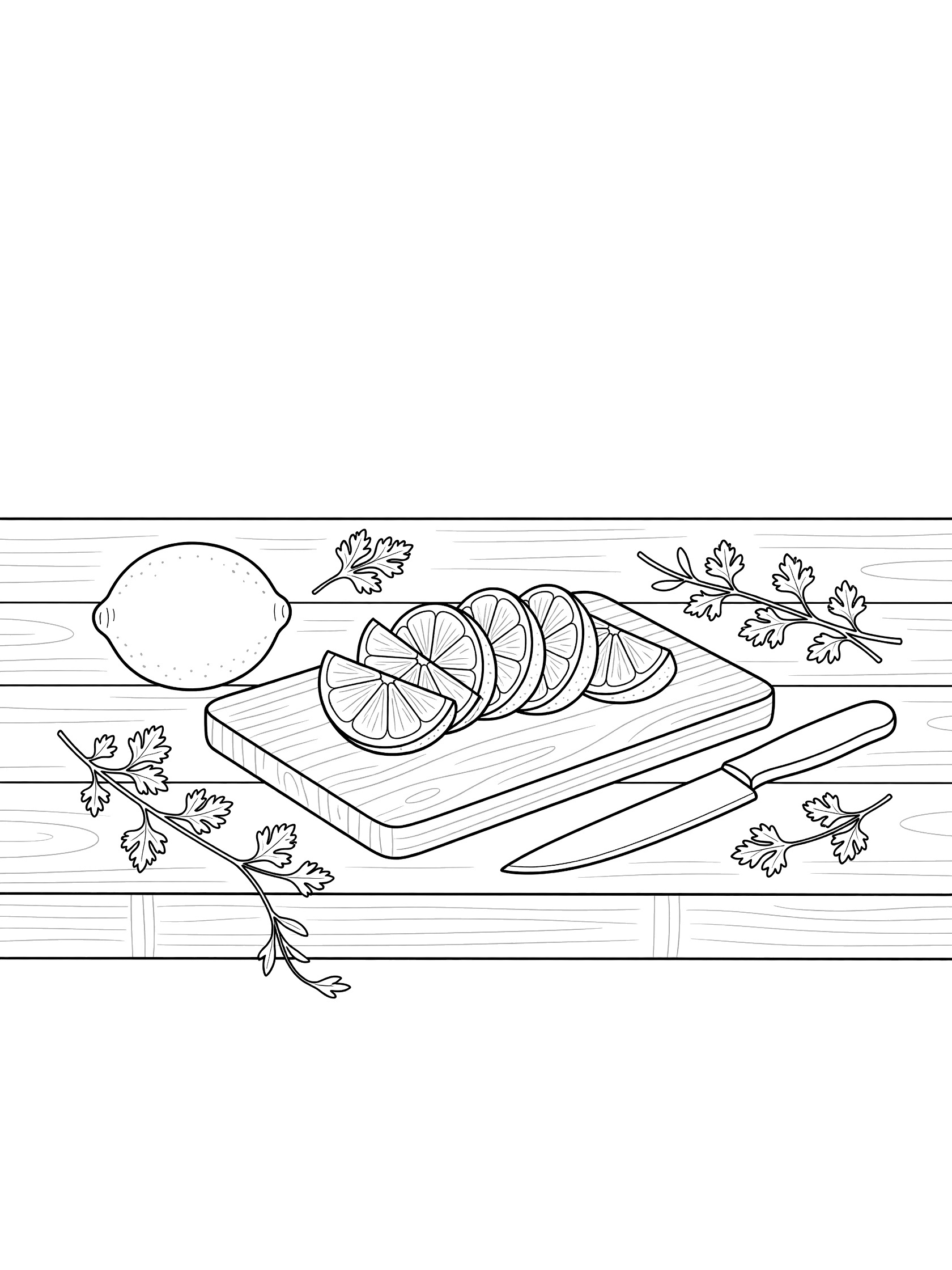 Line art coloring page showing a whole lime beside fanned lime wedges on a cutting board, knife, and fresh herb sprigs on wooden counter