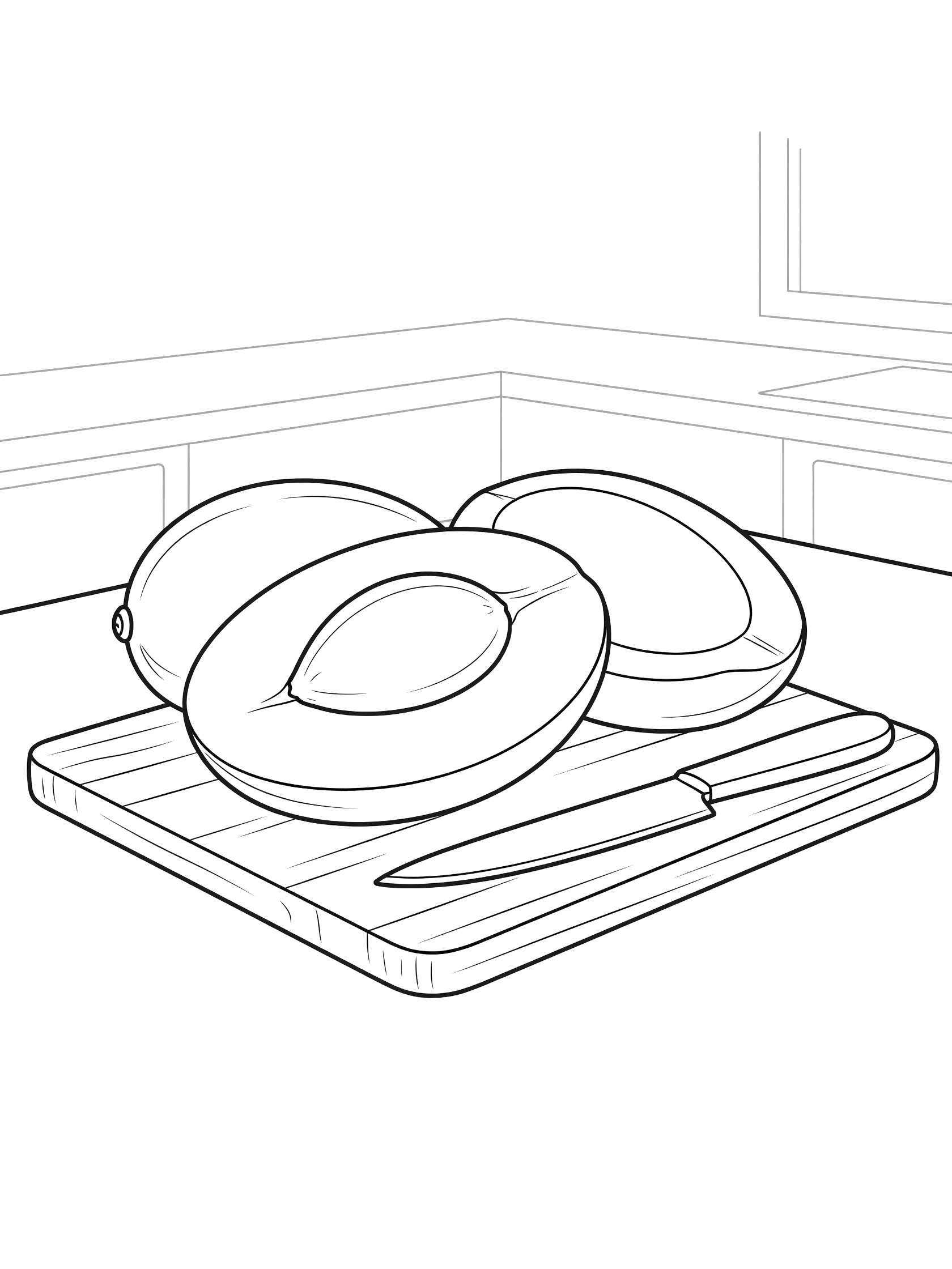 Line art coloring page showing a whole mango sliced open on a wooden cutting board, revealing the pit and juicy flesh, with a knife nearby in a bright kitchen.