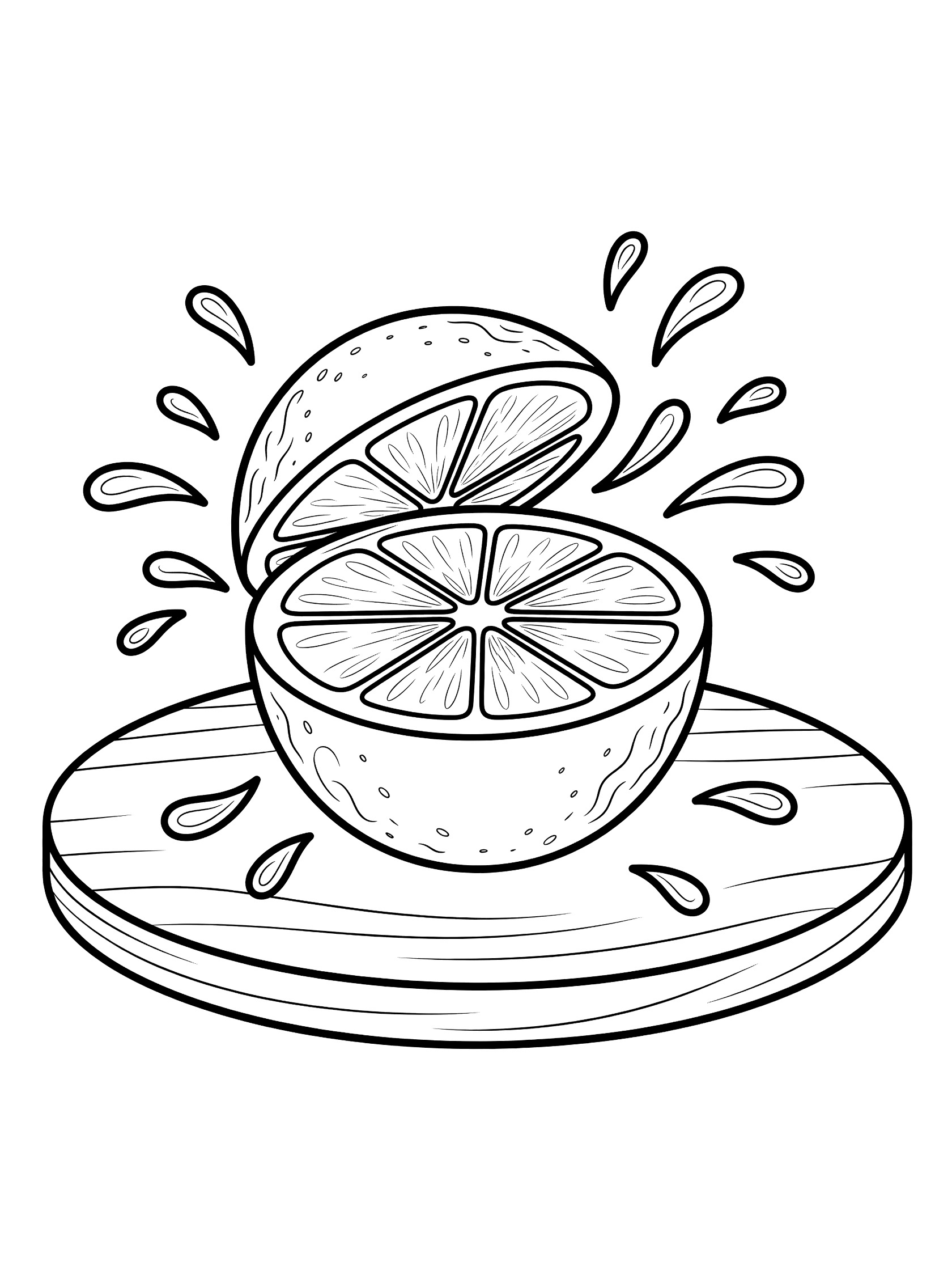 Black and white coloring page of an orange cut into eight equal wedges on a wooden cutting board with juice splashes and textured rind.