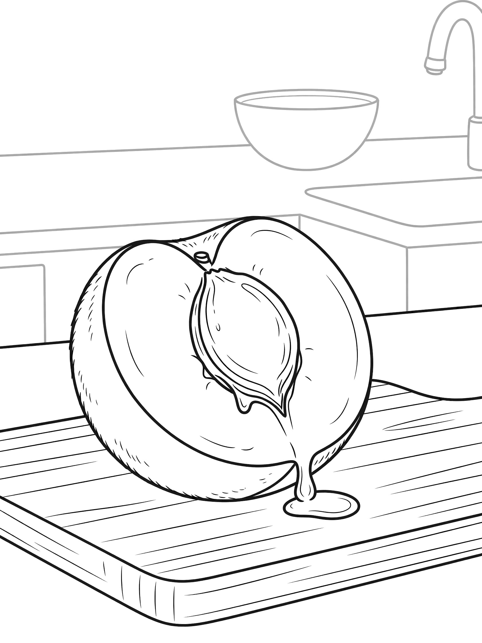 Cute cartoon line art of a whole peach sliced open revealing the pit, on a wooden cutting board near kitchen sink, bowl, and counter