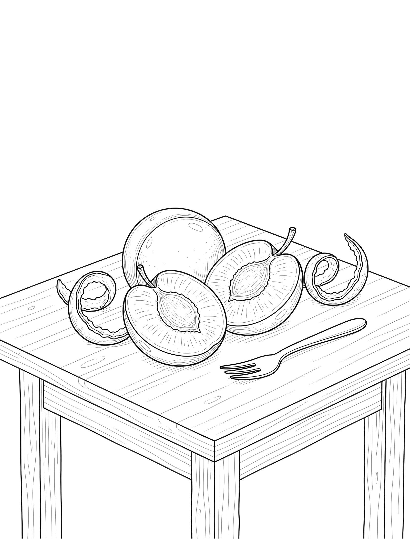 Line art coloring page featuring a whole plum, two sliced plums with moist yellow flesh and pits, curling peels, and a small fork on a simple wooden kitchen table.