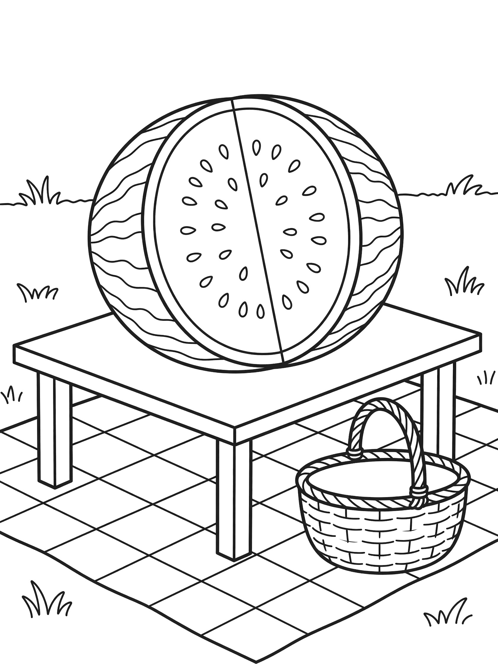Black and white line art coloring page showing a watermelon sliced in half on a picnic table with checkered blanket, basket, and grass.
