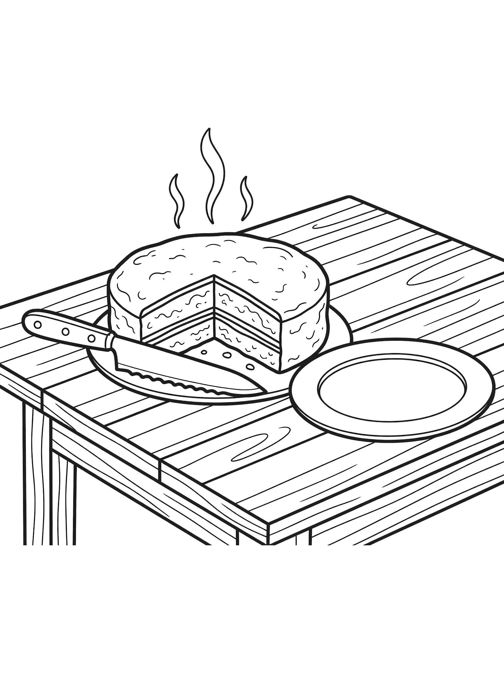Line art coloring page showing a golden cake being sliced by a knife to reveal layers, steam rising, on a wooden table with serving plate.