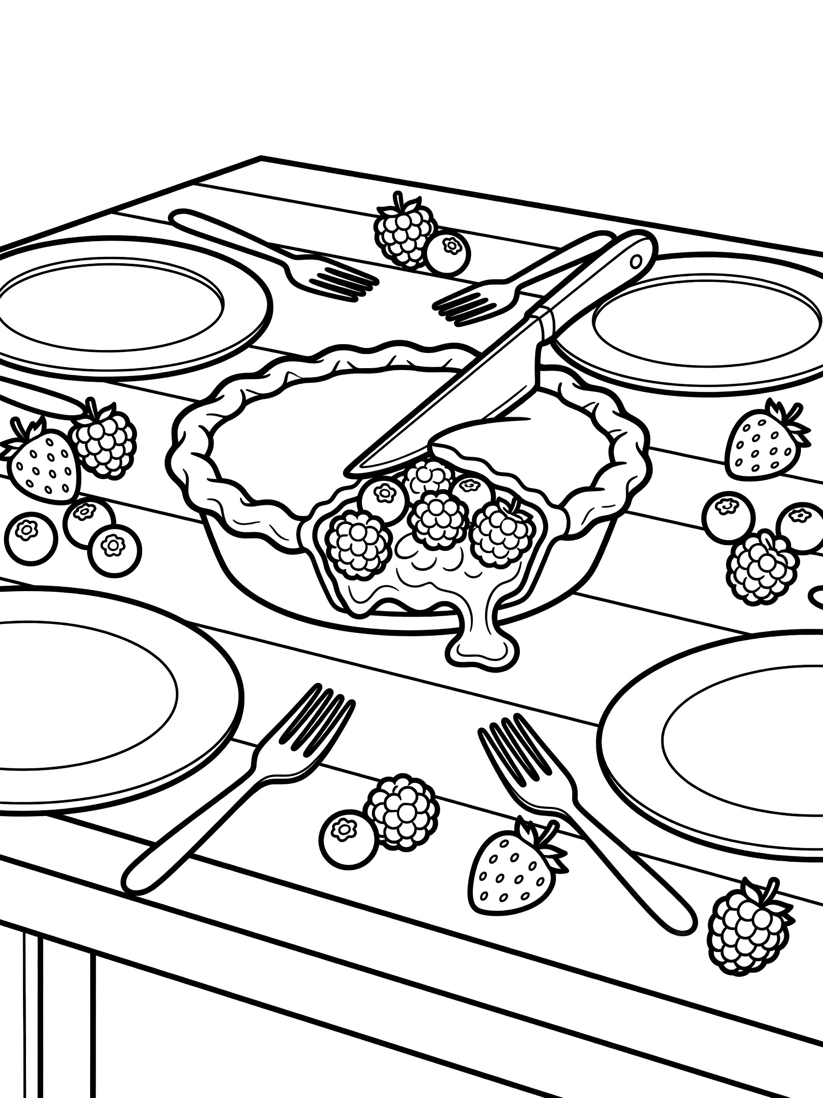 Printable coloring page showing a knife cutting a whole berry pie on a table with scattered berries, plates, and forks