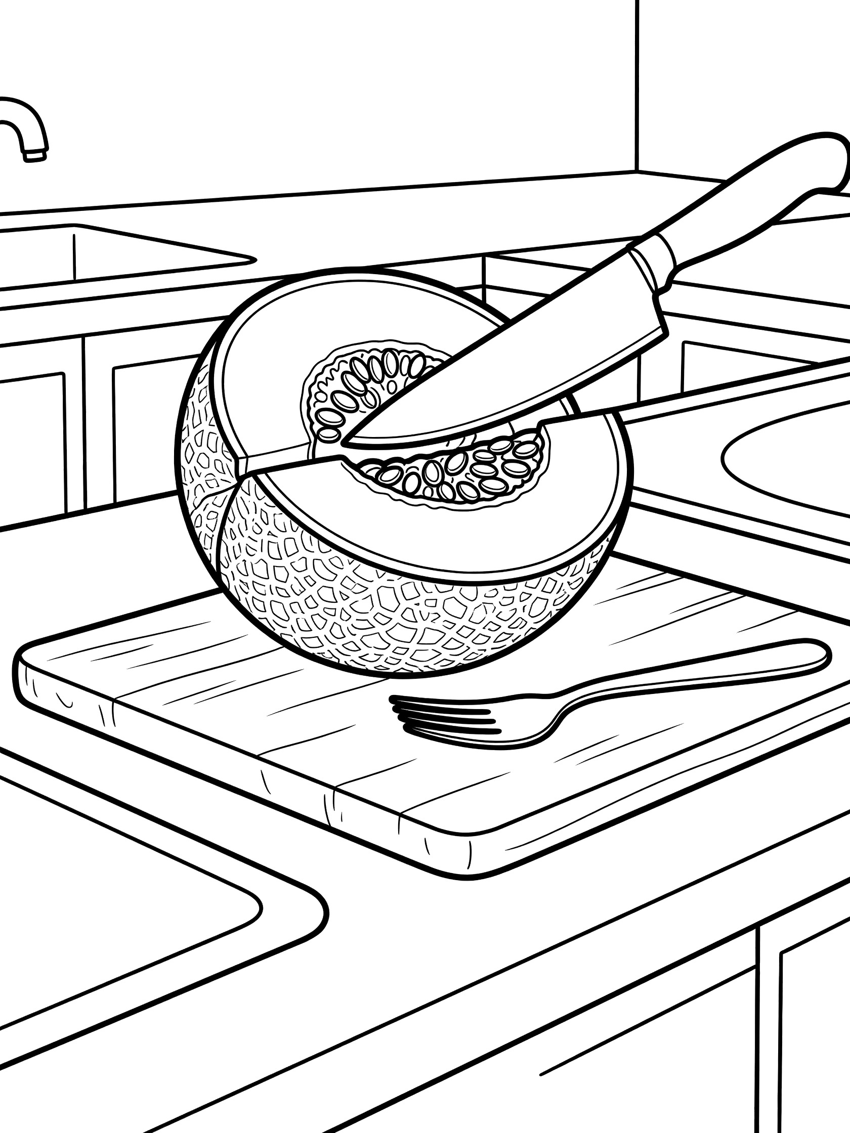 Black-and-white line art of a cantaloupe sliced open by a knife on a cutting board with a fork nearby in a simple kitchen scene.