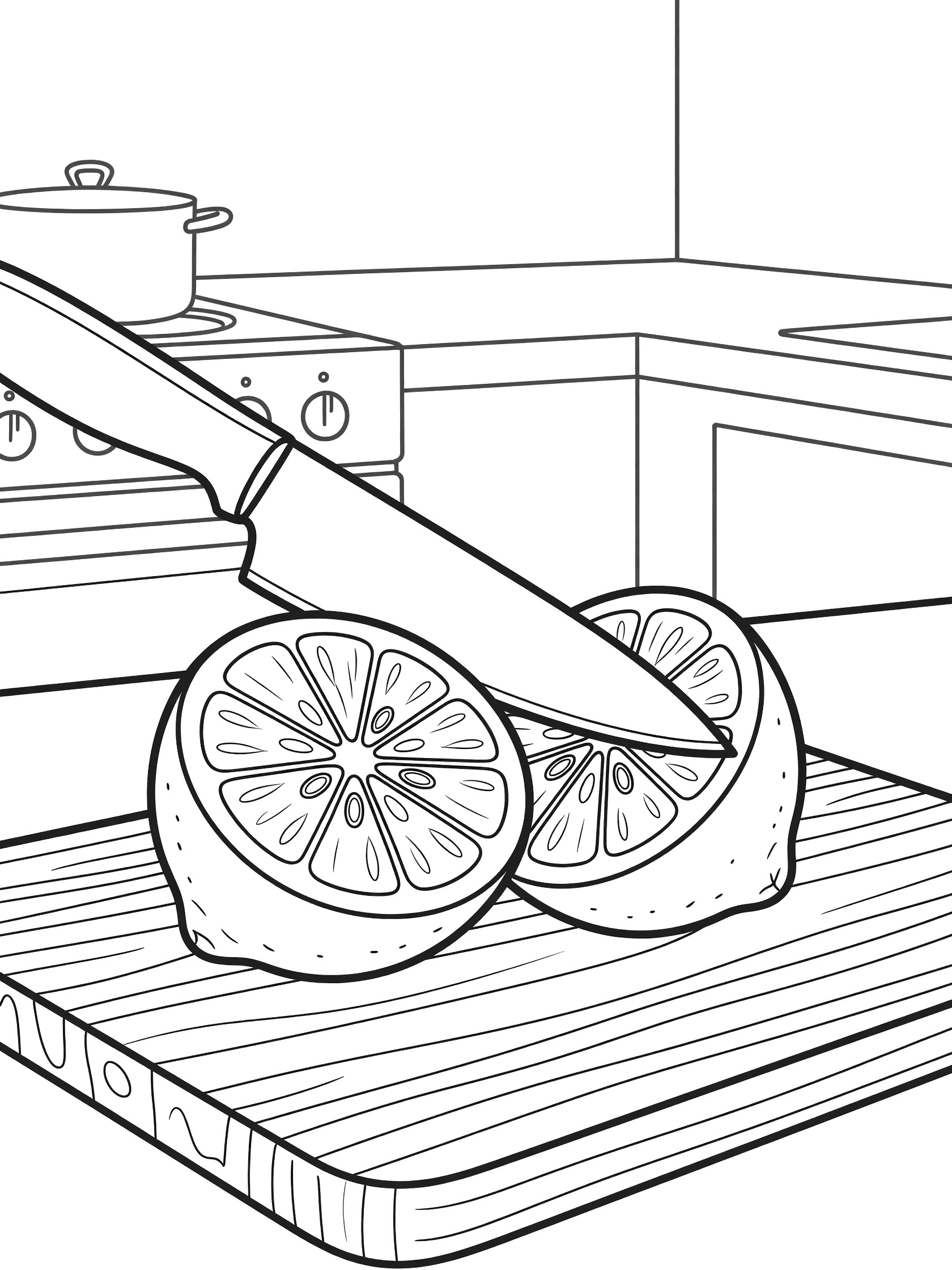 Line art coloring page showing a knife midway through slicing a halved lemon with juicy segments and seeds on a wooden cutting board
