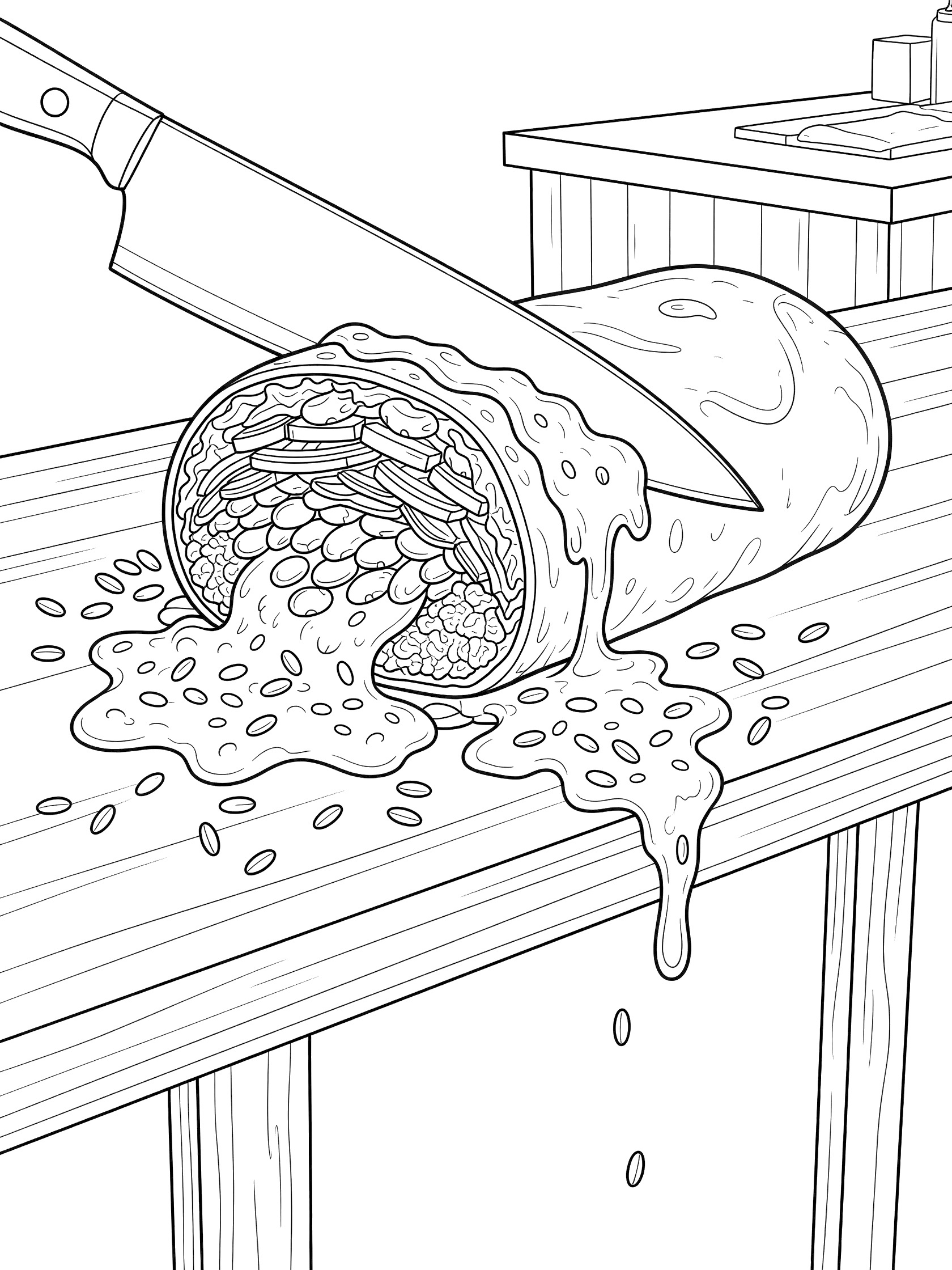 Black-and-white coloring page showing a hefty burrito sliced lengthwise by a knife, revealing cross-section of beans, rice, meat, veggies, and cheese spilling onto a wooden counter.