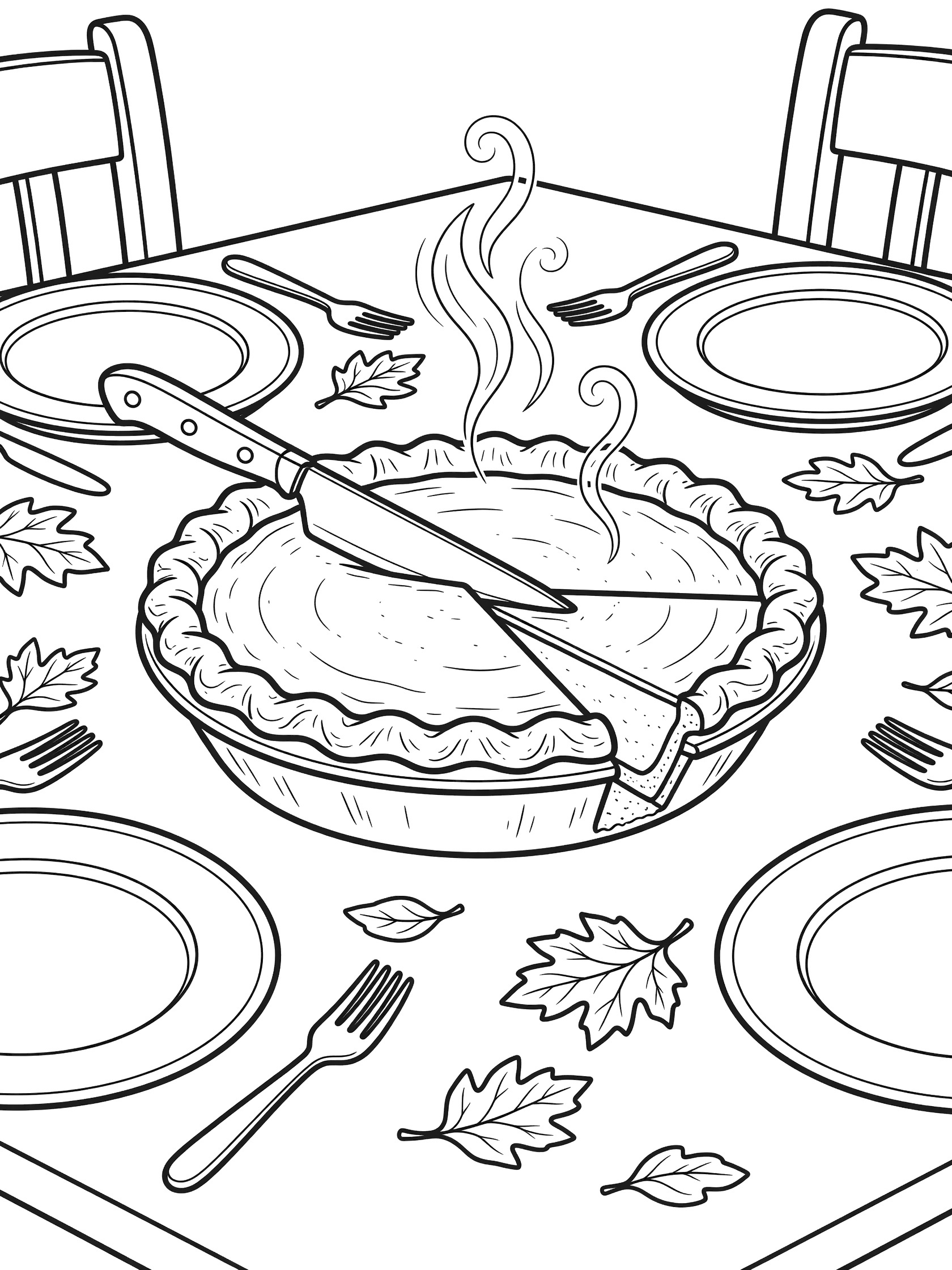 Line art coloring page showing a whole pumpkin pie with flaky crust sliced by a knife on a Thanksgiving dining table with plates, forks, steam rising, and scattered autumn leaves.