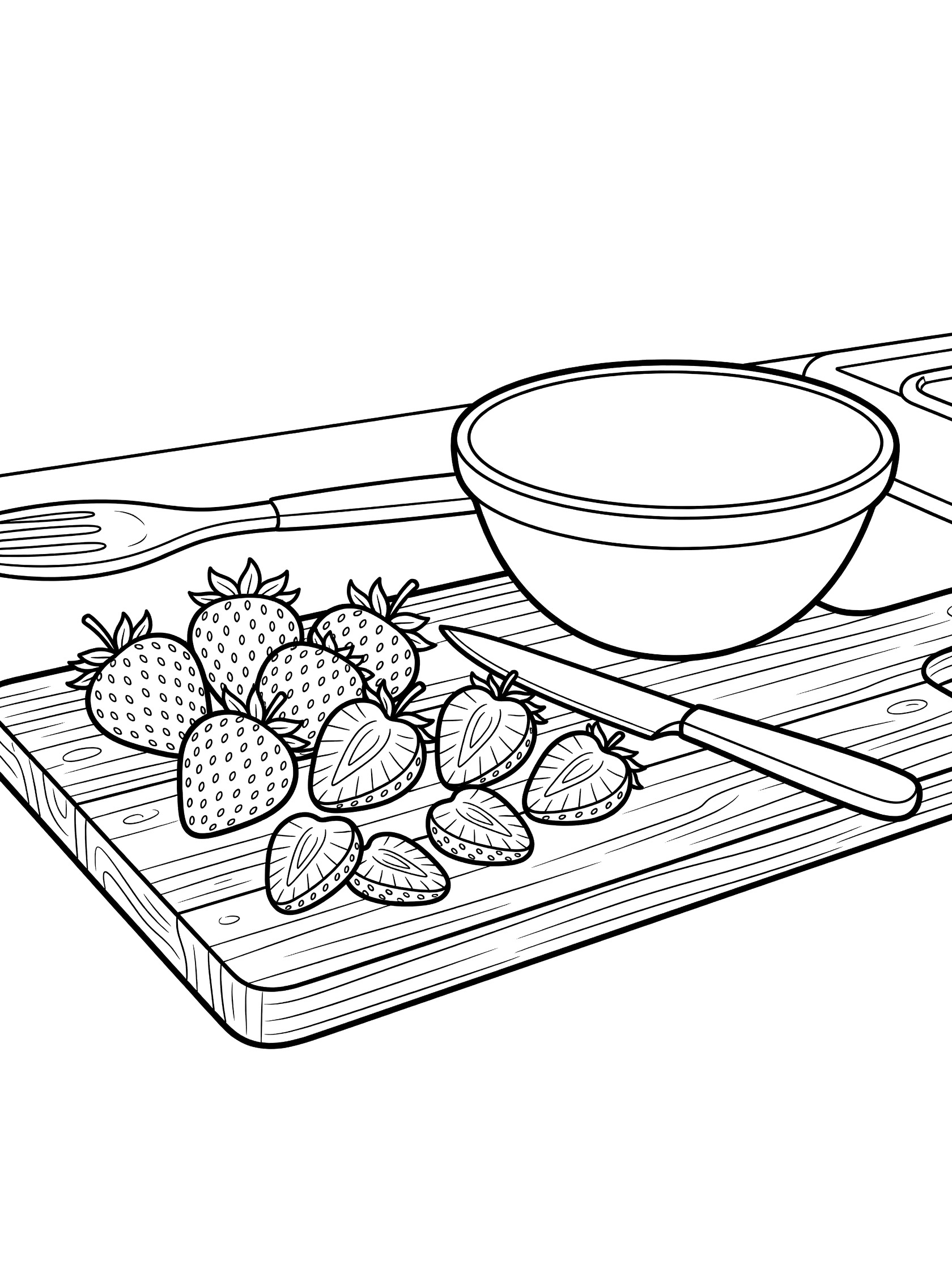Printable coloring page showing strawberries being sliced on a wooden cutting board next to a paring knife and empty mixing bowl for fruit salad